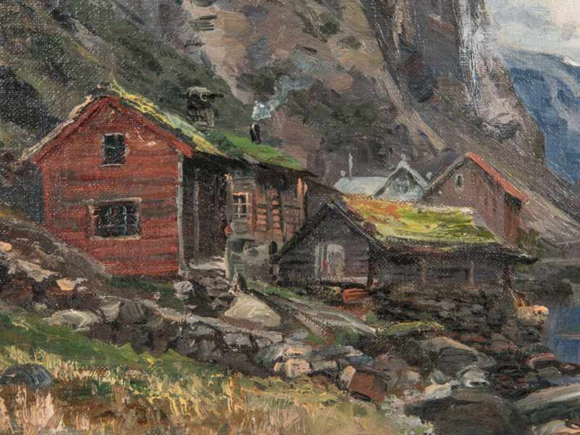 Landschaftsmaler, 2. Hälfte 19. Jh. Öl auf Leinwand (doubliert auf Karton), "Häuser an einem - Bild 2 aus 4