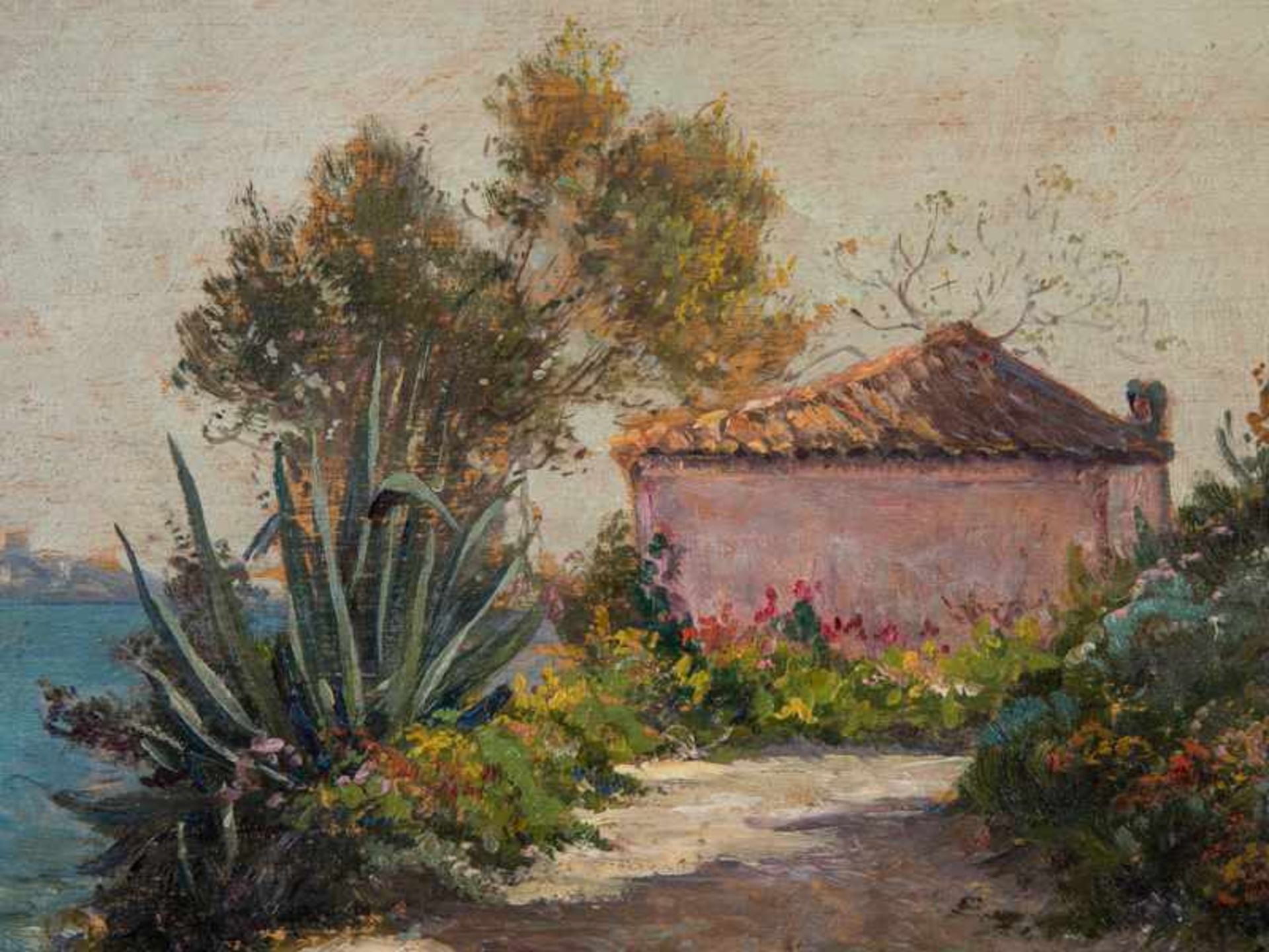 Brun-Buisson, Gabriel (1883 - ?). Öl auf Holz, "Mediterrane Küstenlandschaft mit Landhaus und Garten - Image 2 of 5