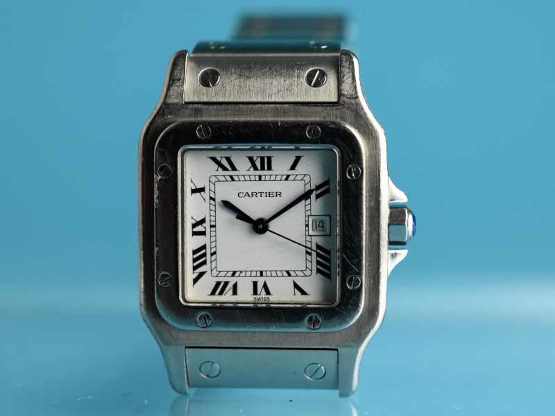 Armbanduhr, Modell Santos, Cartier, Paris, 21. Jh. Edelstahl. Automatik. Saphirglas. Weißes