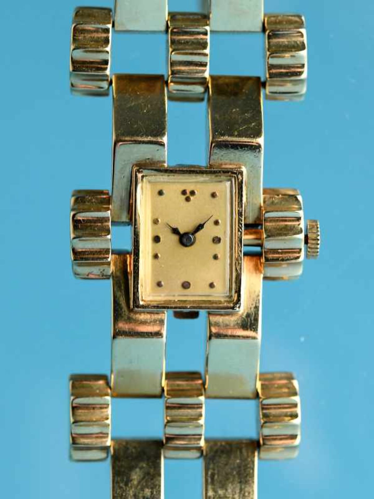 Gliederarmband mit Uhr, 70-er Jahre. 585/- Roségold. Gesamtgewicht ca. 82,8 g. Fünfreihiges - Bild 2 aus 5
