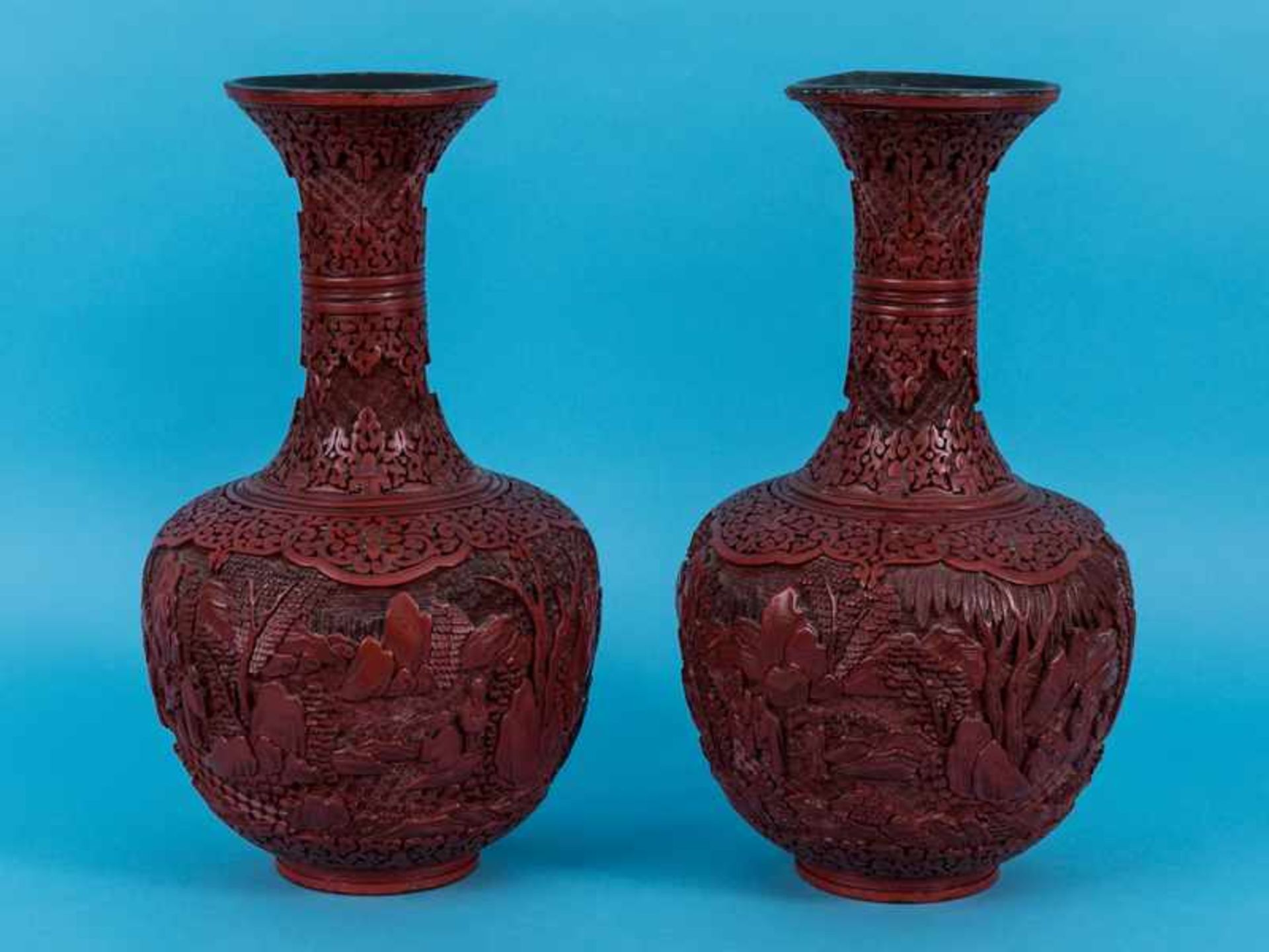 2 große Rotlack-Vasen; China; 1. Hälfte 20. Jh. Chinesische Lackschnitzerei; Vasenkörper mit - Bild 2 aus 12