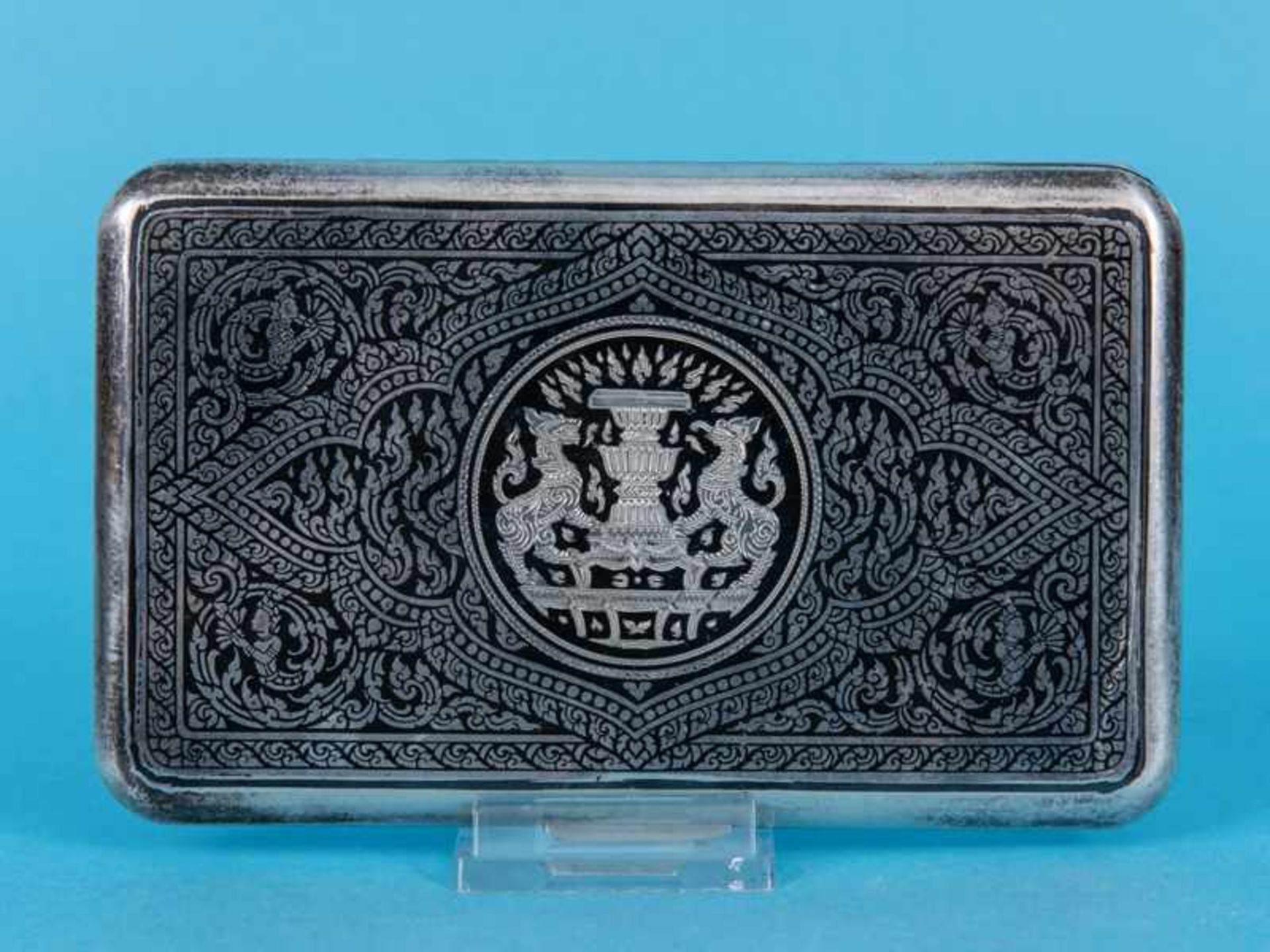 Größeres Etui mit Niello-Dekor, Thai Nakon, Thailand, 20. Jh. 925/-Silber, Gesamtgewicht ca. 175 - Bild 2 aus 9