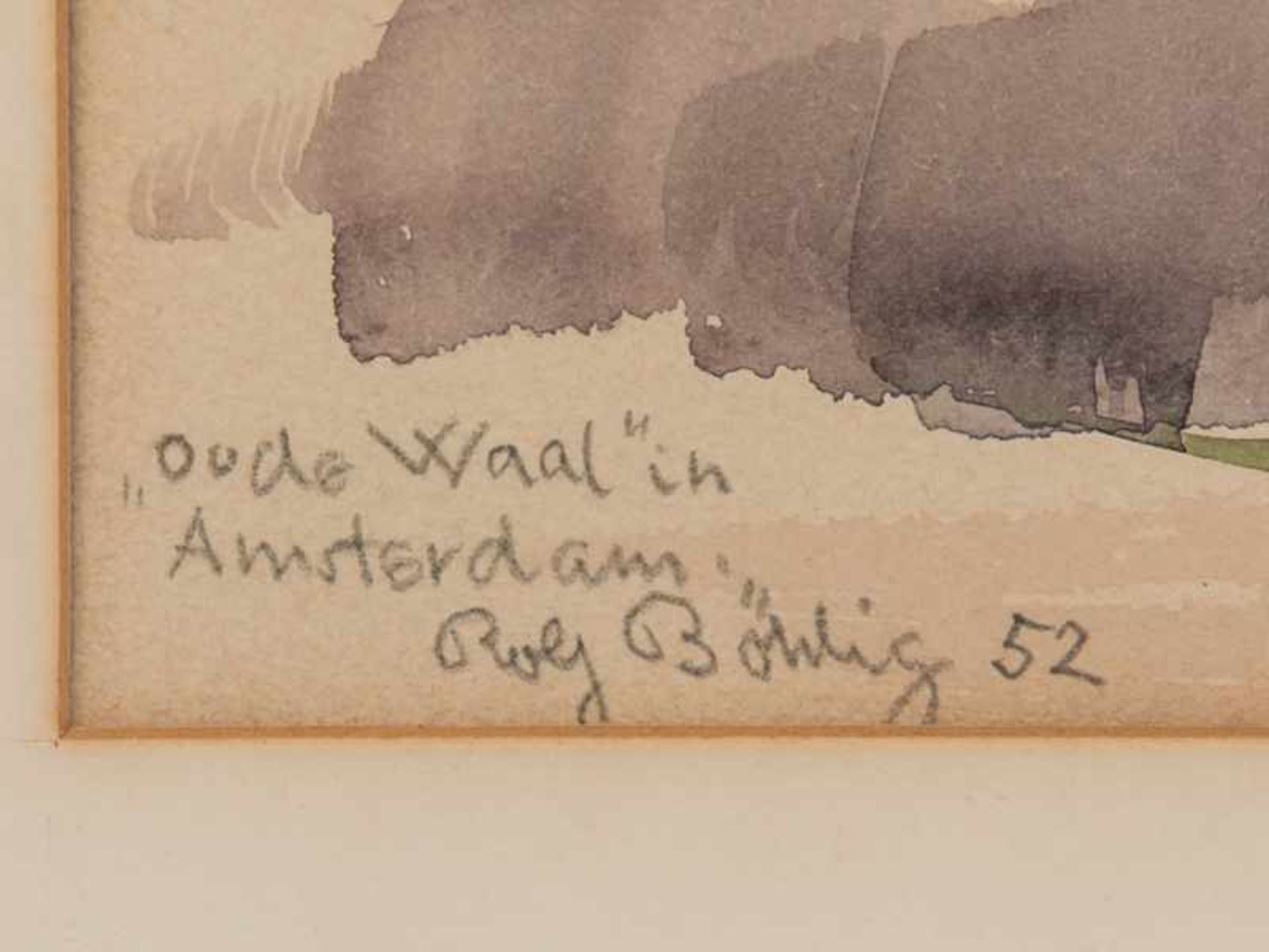 Böhlig, Rolf (1904 - 1979). Aquarell; " 'Oude Waal' in Amsterdam", 1952; unten links in Blei - Bild 3 aus 4