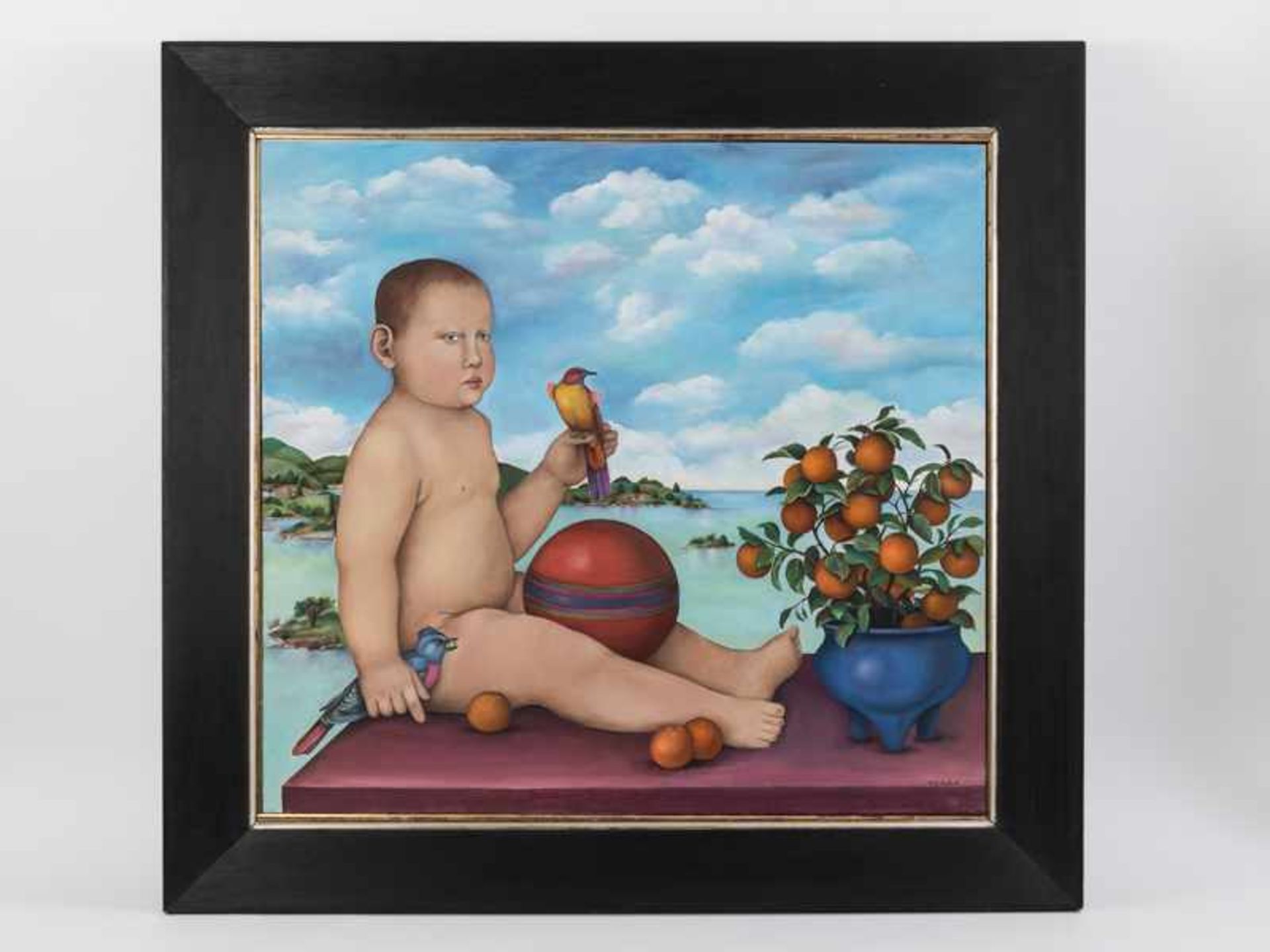 Kalish, Muriel (*1932). Öl auf Leinwand; "Baby with two Birds and Orange Tree", 1978; unten rechts