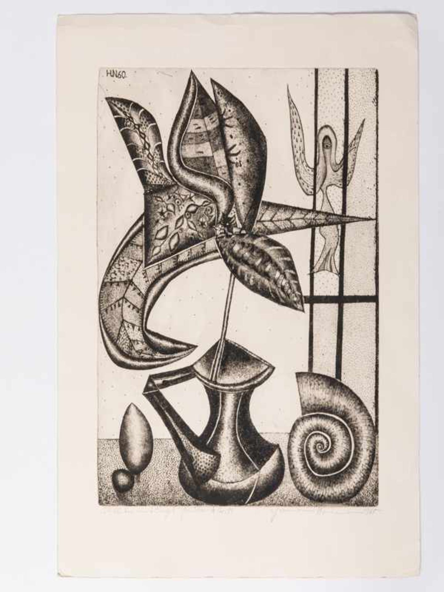 Hermann Naumann (*1930) 2 Radierungen; "Stillleben mit Engel" und "Magische Welt"; signiert und - Image 2 of 3