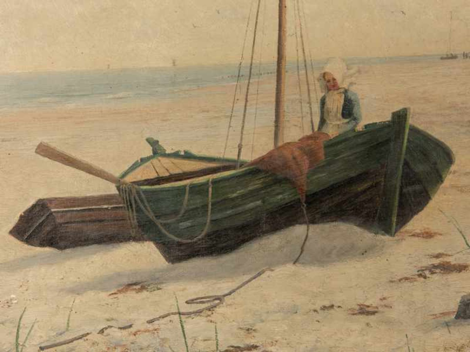 Förster, Berthold Paul (1851 - 1925). Öl auf Leinwand; "Strandszene mit angelandeten Fischerbooten - Image 2 of 4