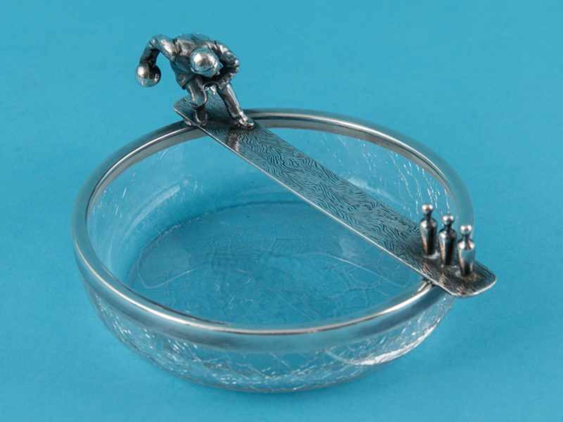 Runder Aschenbecher mit Silbermontierung "Kegelspieler"; WMF; Mitte 20. Jh Craquelé Glas mit - Bild 6 aus 11