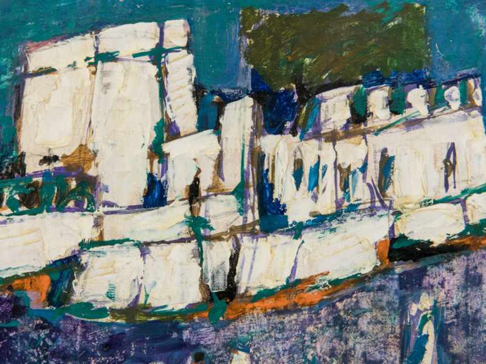 Edelmann, Hanno (1923 - 2013). Öl auf Leinwand; "Mediterrane Hafenstadt mit Bootsstaffage im - Bild 2 aus 4