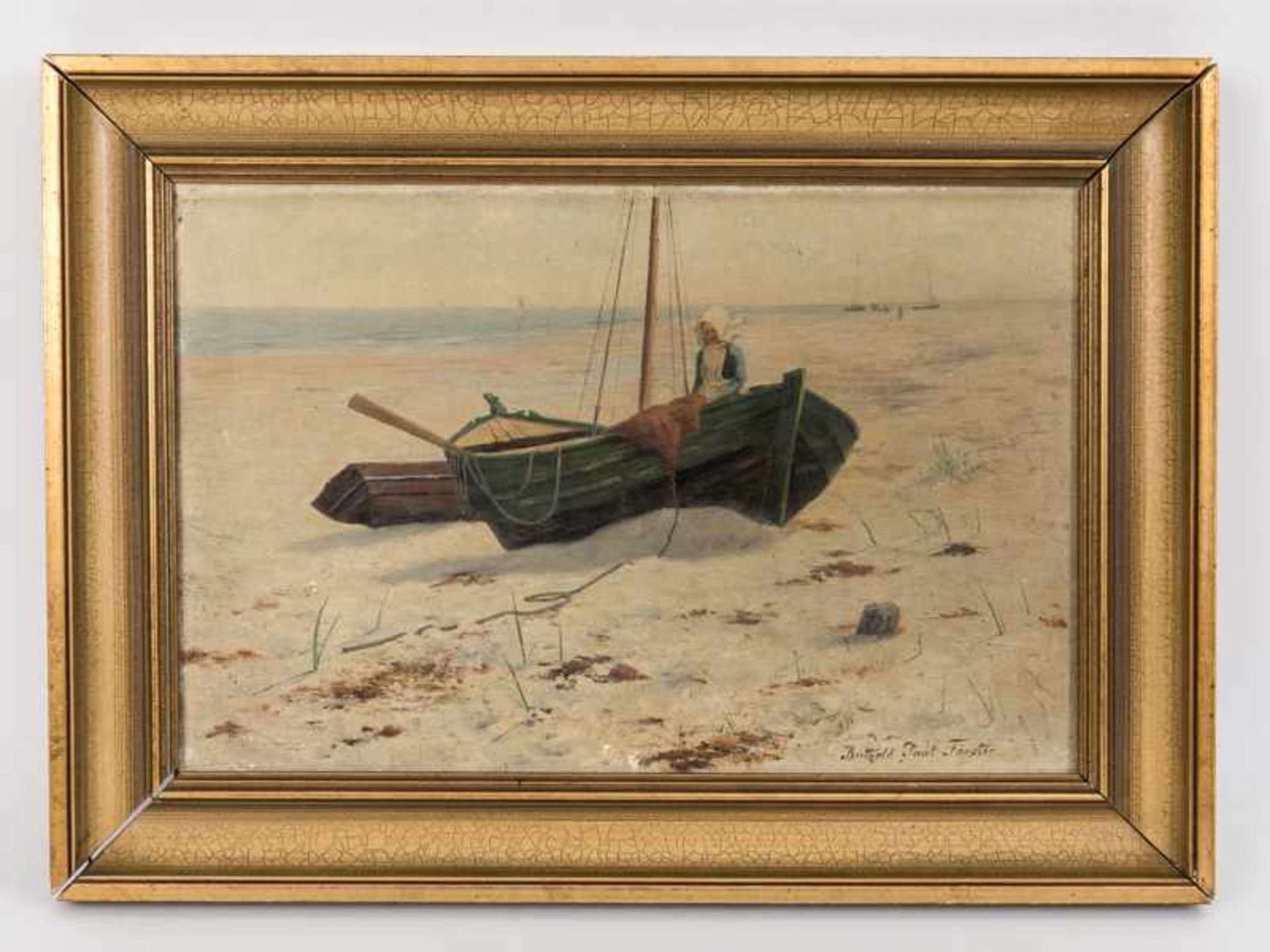 Förster, Berthold Paul (1851 - 1925). Öl auf Leinwand; "Strandszene mit angelandeten Fischerbooten