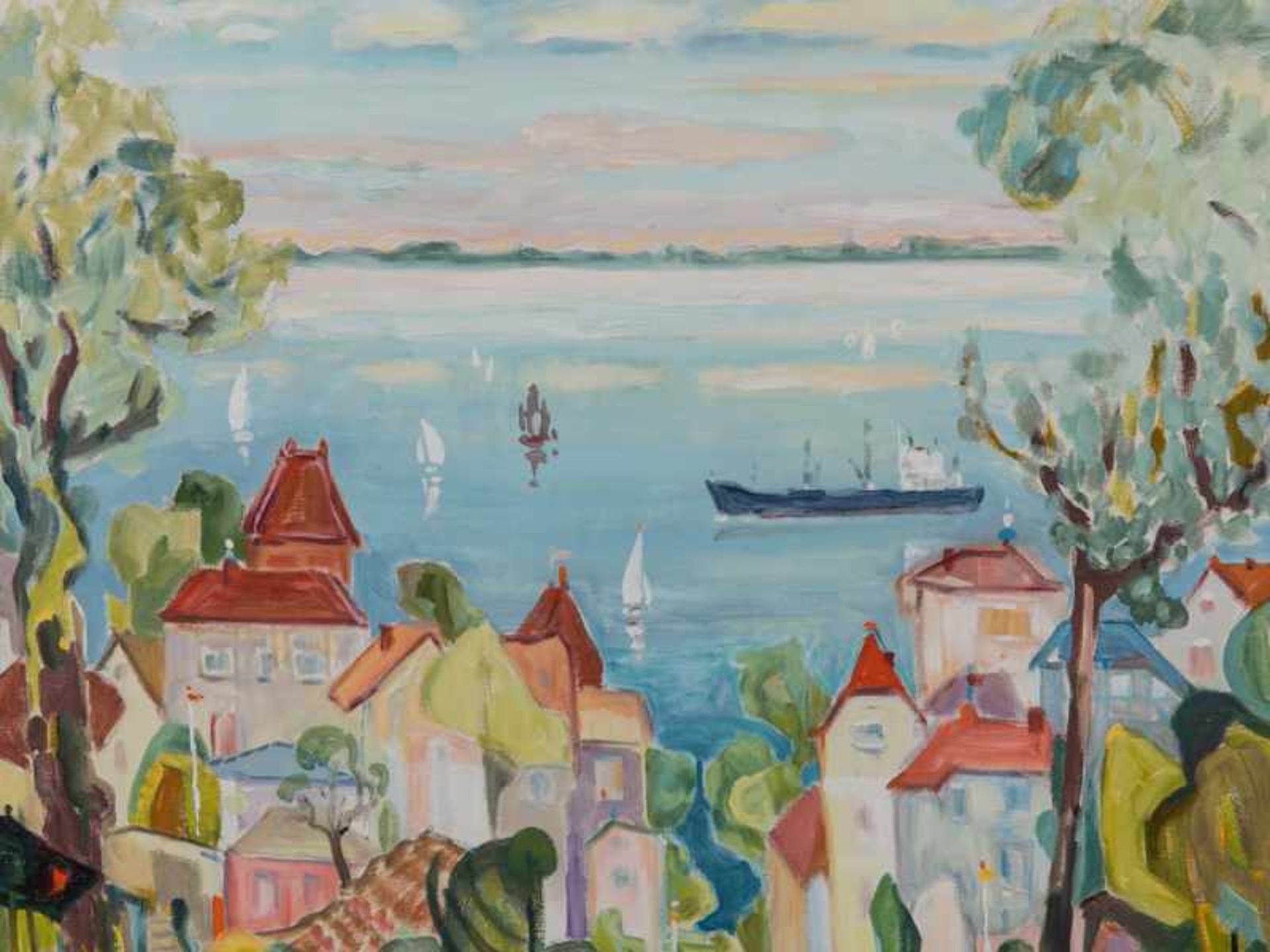 von Frihling, Pit (1919 - 2011). Öl auf Leinwand; "Blankenese", 2001; in hellen pastelligen - Image 2 of 4