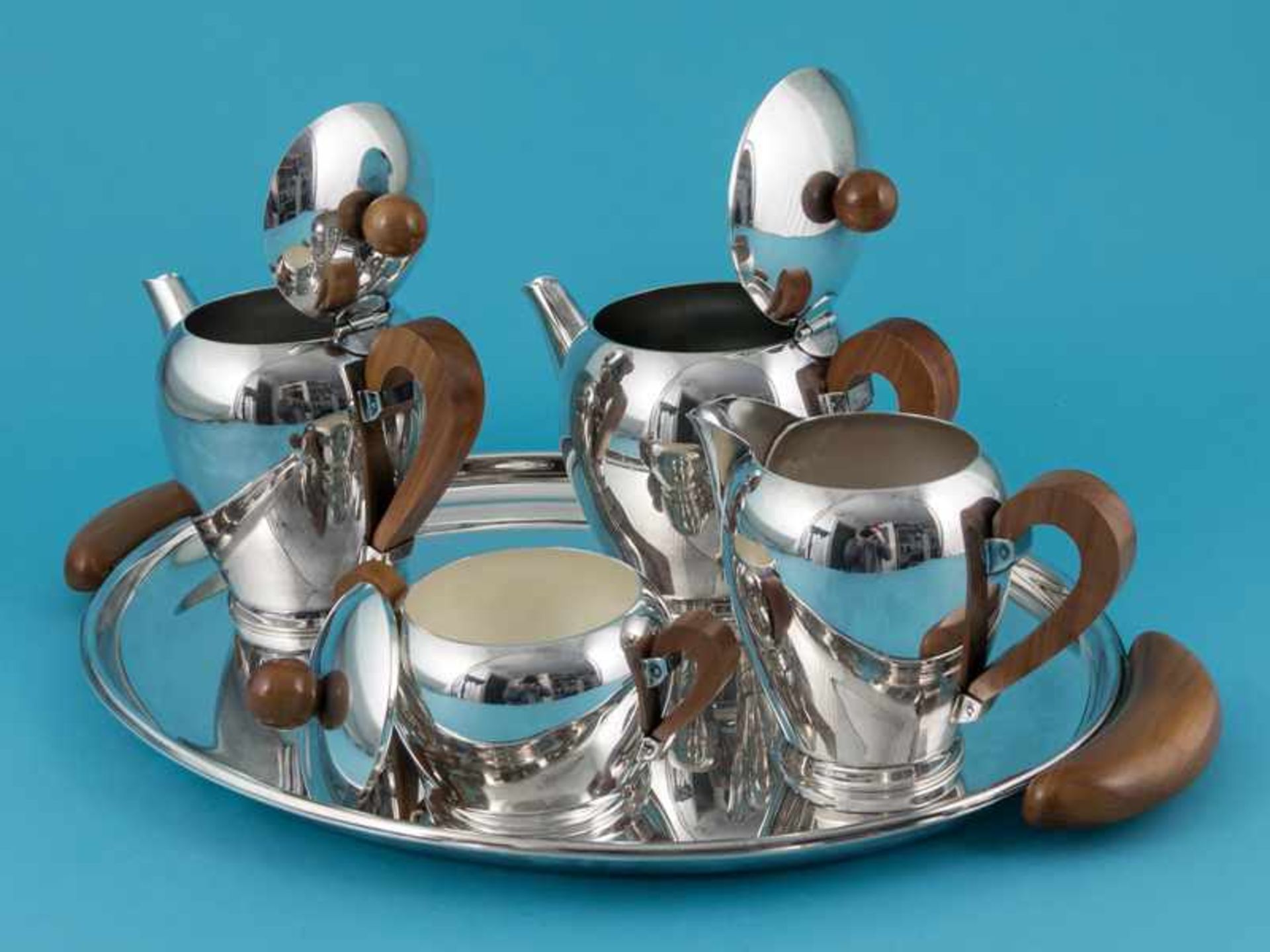 5-tlg. "Alessi"-Design-Kaffee-/Teeset "Bombé", Italien, 2. Hälfte 20. Jh. Versilberter Edelstahl mit - Bild 8 aus 8