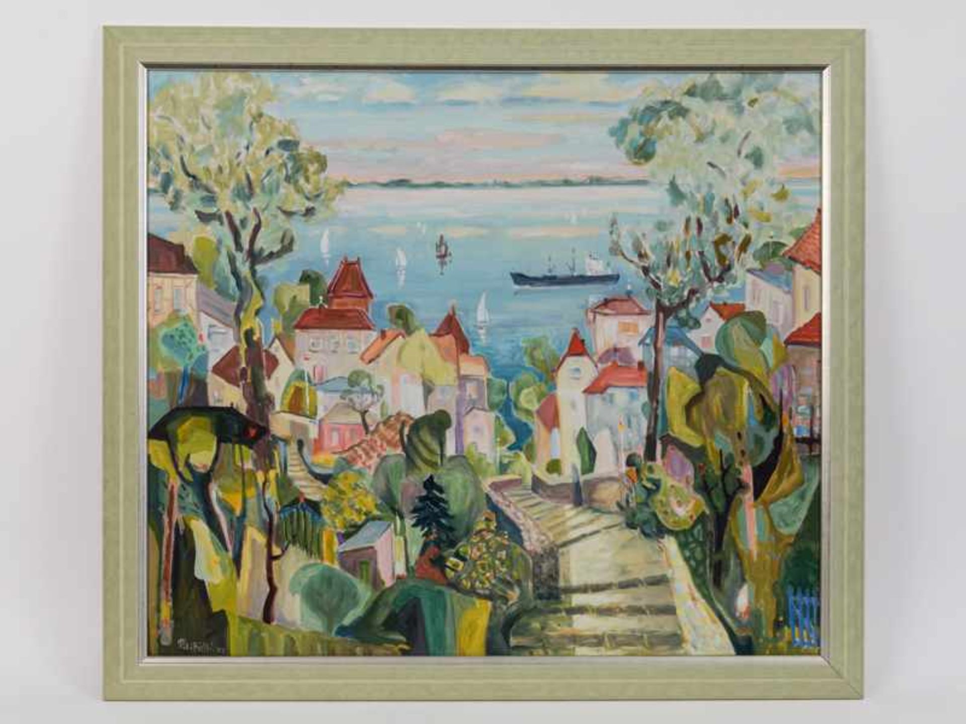 von Frihling, Pit (1919 - 2011). Öl auf Leinwand; "Blankenese", 2001; in hellen pastelligen