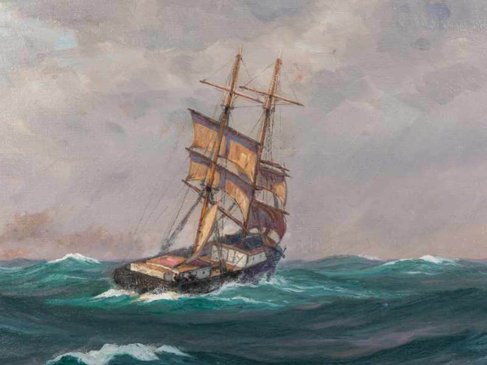 Hünten, Richard (1867 - 1952). Öl auf Leinwand; "Seestück (Segelschiff/Brigg und Dampfsegler auf - Bild 2 aus 4