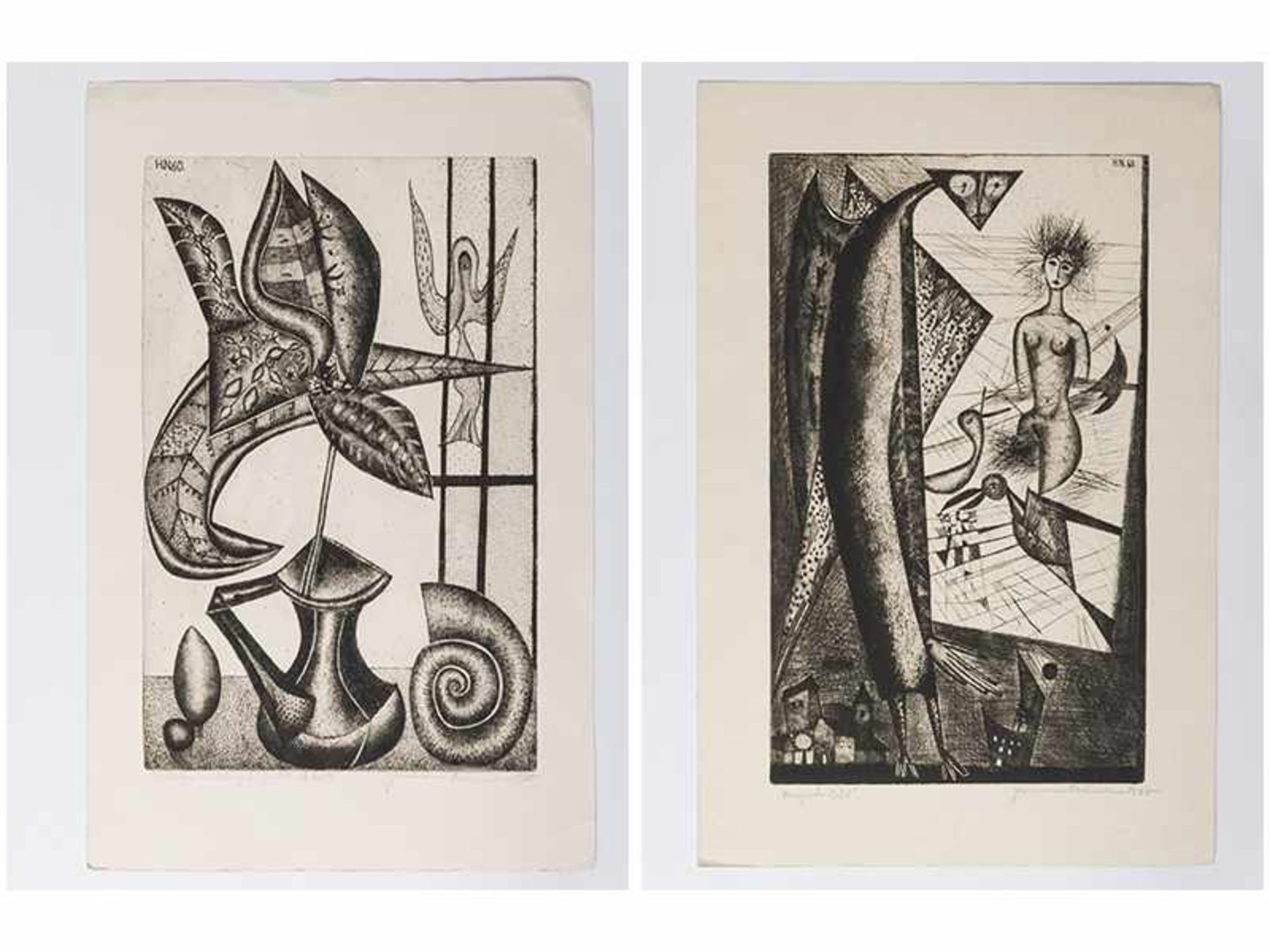 Hermann Naumann (*1930) 2 Radierungen; "Stillleben mit Engel" und "Magische Welt"; signiert und