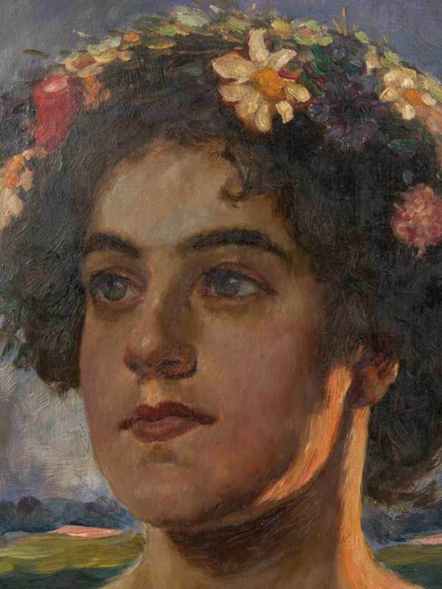 Wachsmuth, Maximilian (1859 - 1912). Öl auf Leinwand; "Portrait eines Mädchens mit Blumenkranz", - Bild 2 aus 3
