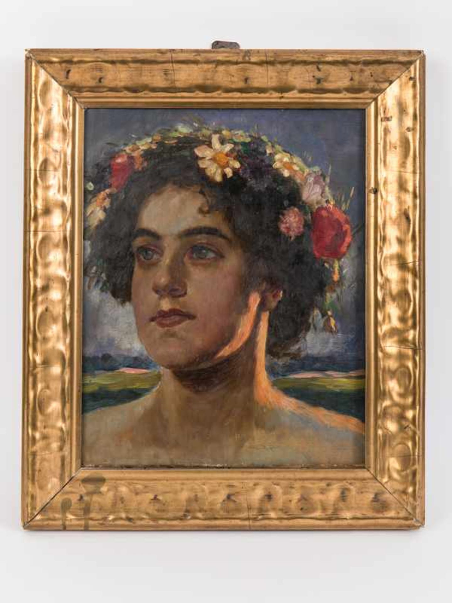 Wachsmuth, Maximilian (1859 - 1912). Öl auf Leinwand; "Portrait eines Mädchens mit Blumenkranz",