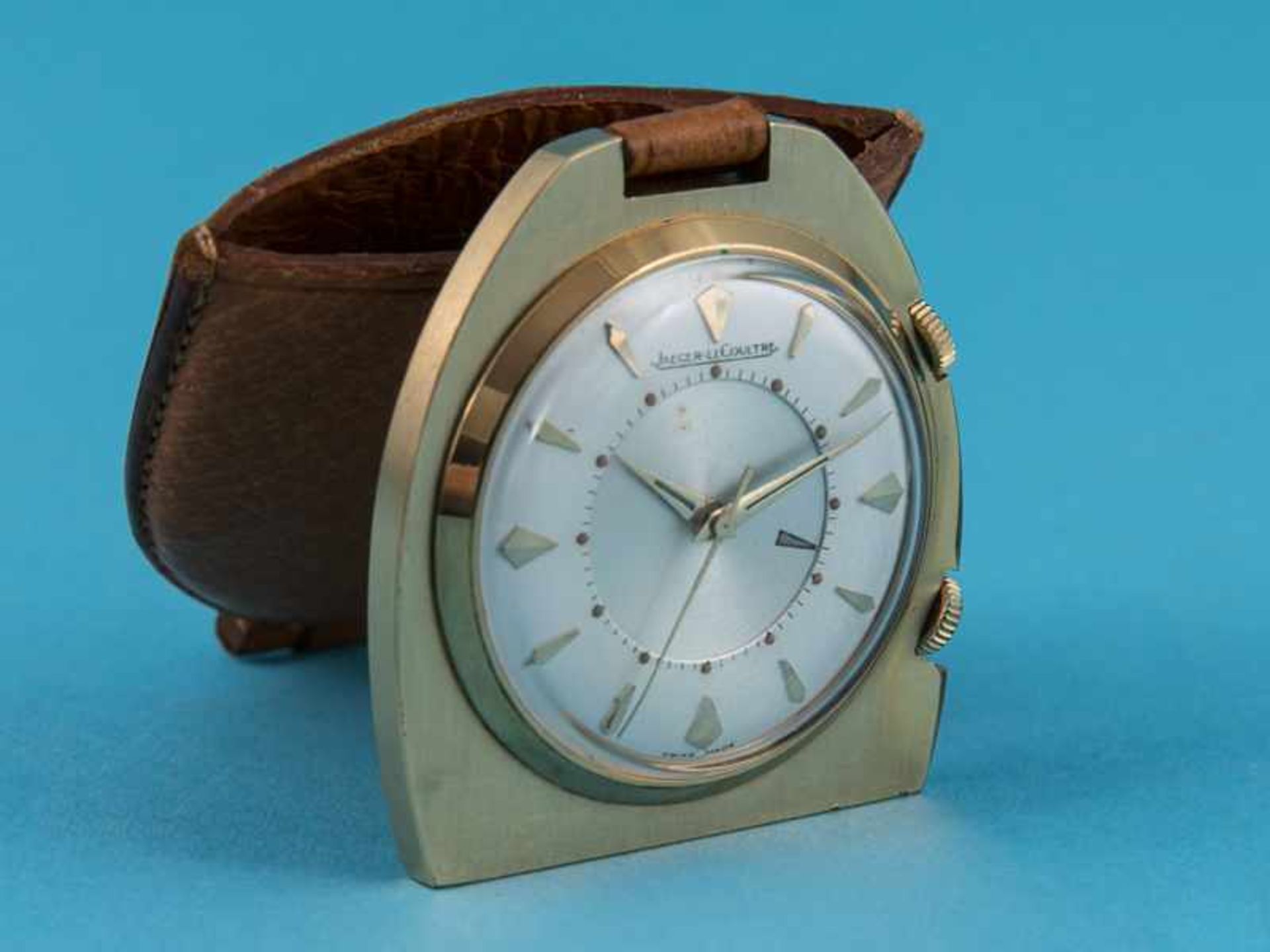 Kleiner Reisewecker "Jaeger-leCoultre", 1950/60- er Jahre Vergoldetes Metall mit cremefarbenem - Bild 5 aus 5