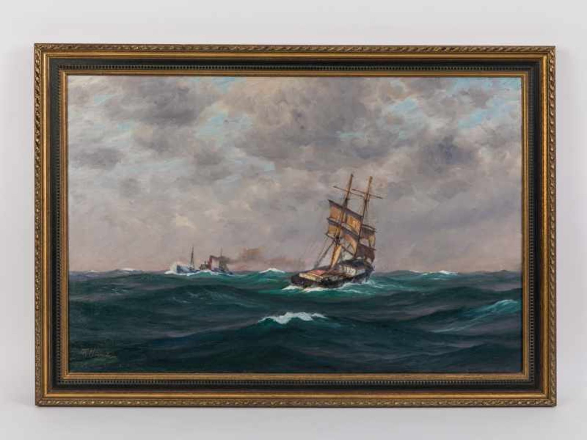 Hünten, Richard (1867 - 1952). Öl auf Leinwand; "Seestück (Segelschiff/Brigg und Dampfsegler auf