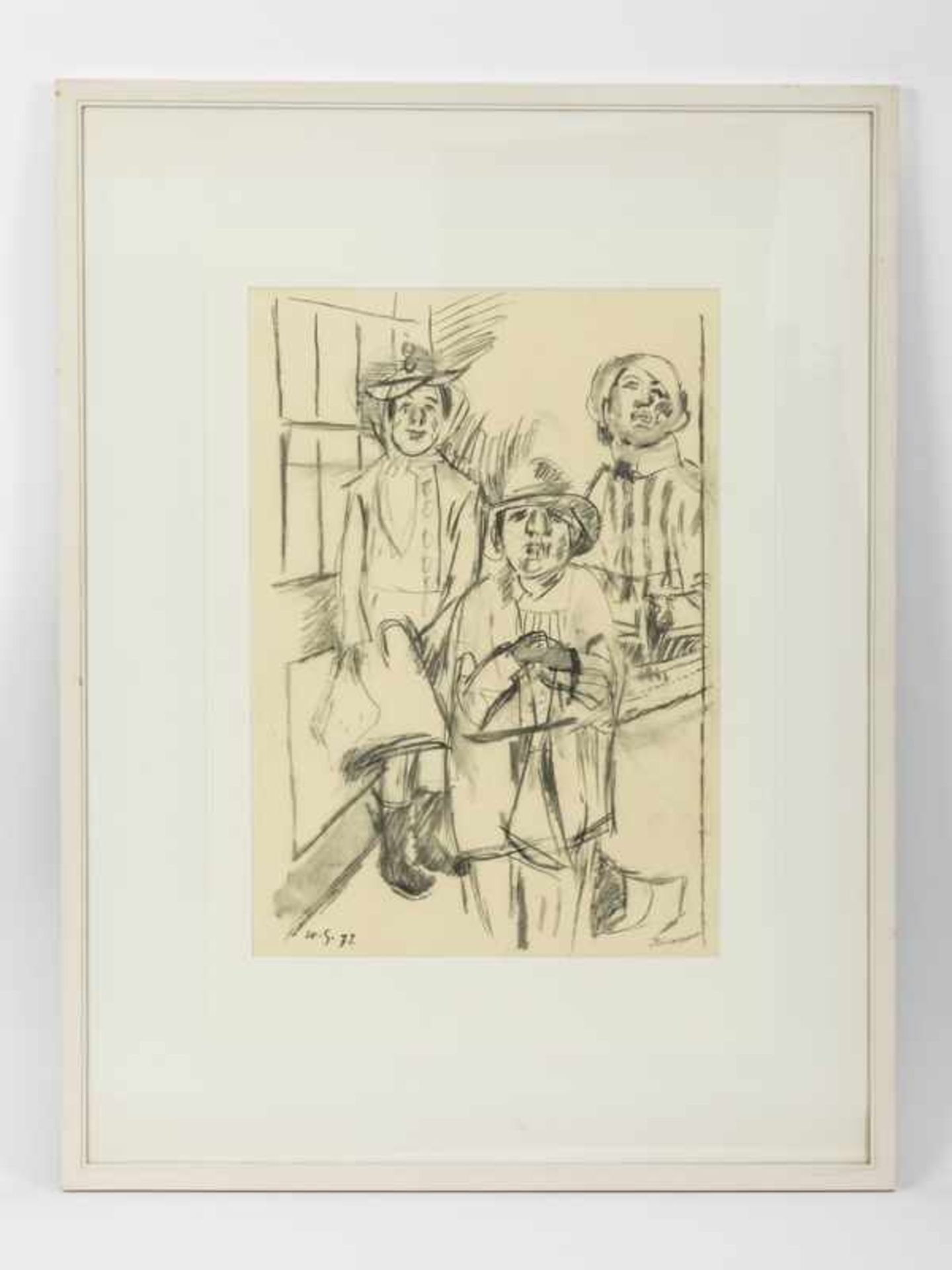Grimm, Willem (1904 - 1986). Kohlezeichnung; Gruppenbildnis mit 3 Frauen, 1972; unten links