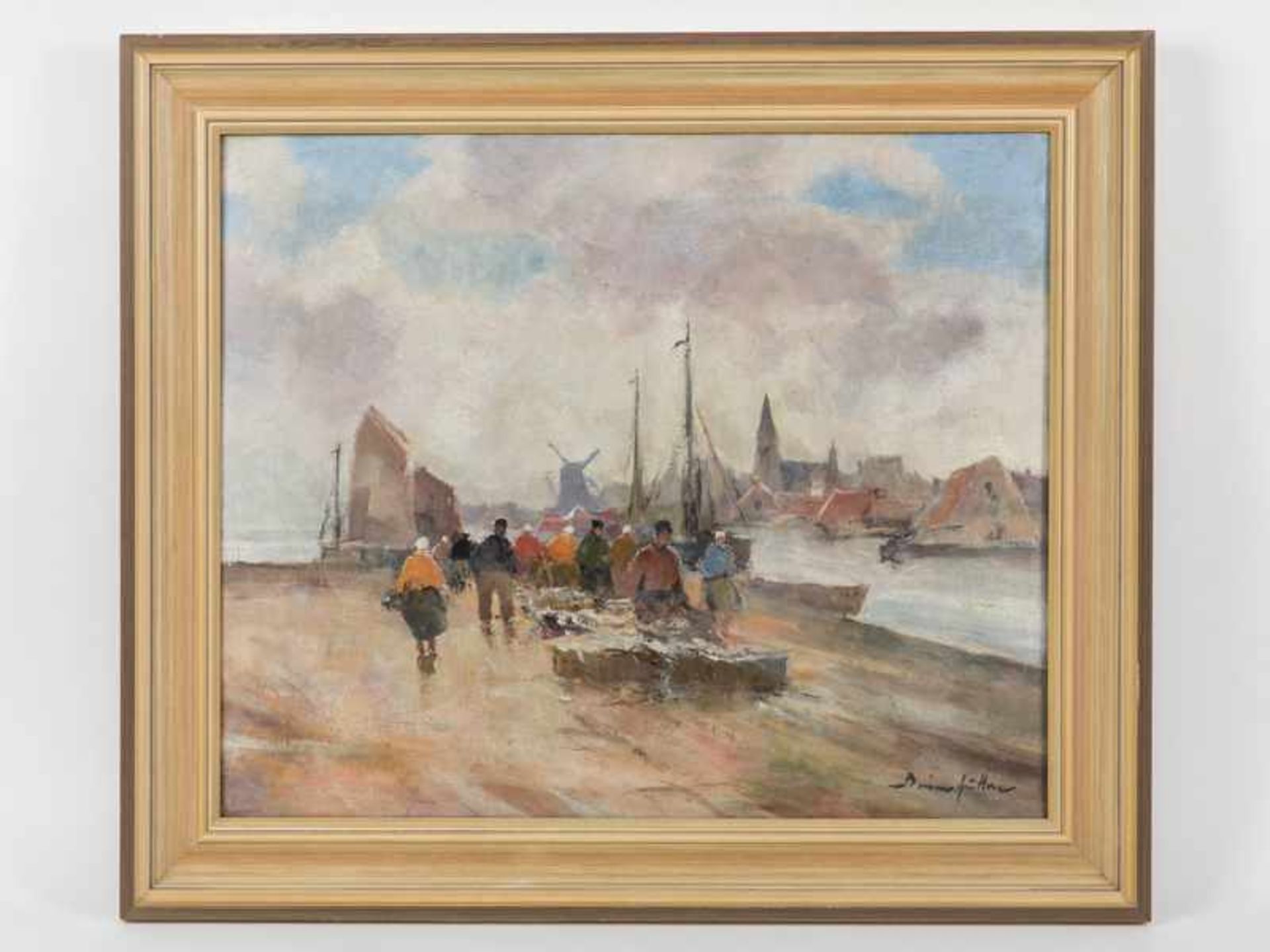 Jüttner, Bruno (1880-1965). Öl auf Leinwand; "Holländische Fischer, Fischmarkt an der Mole"; unten