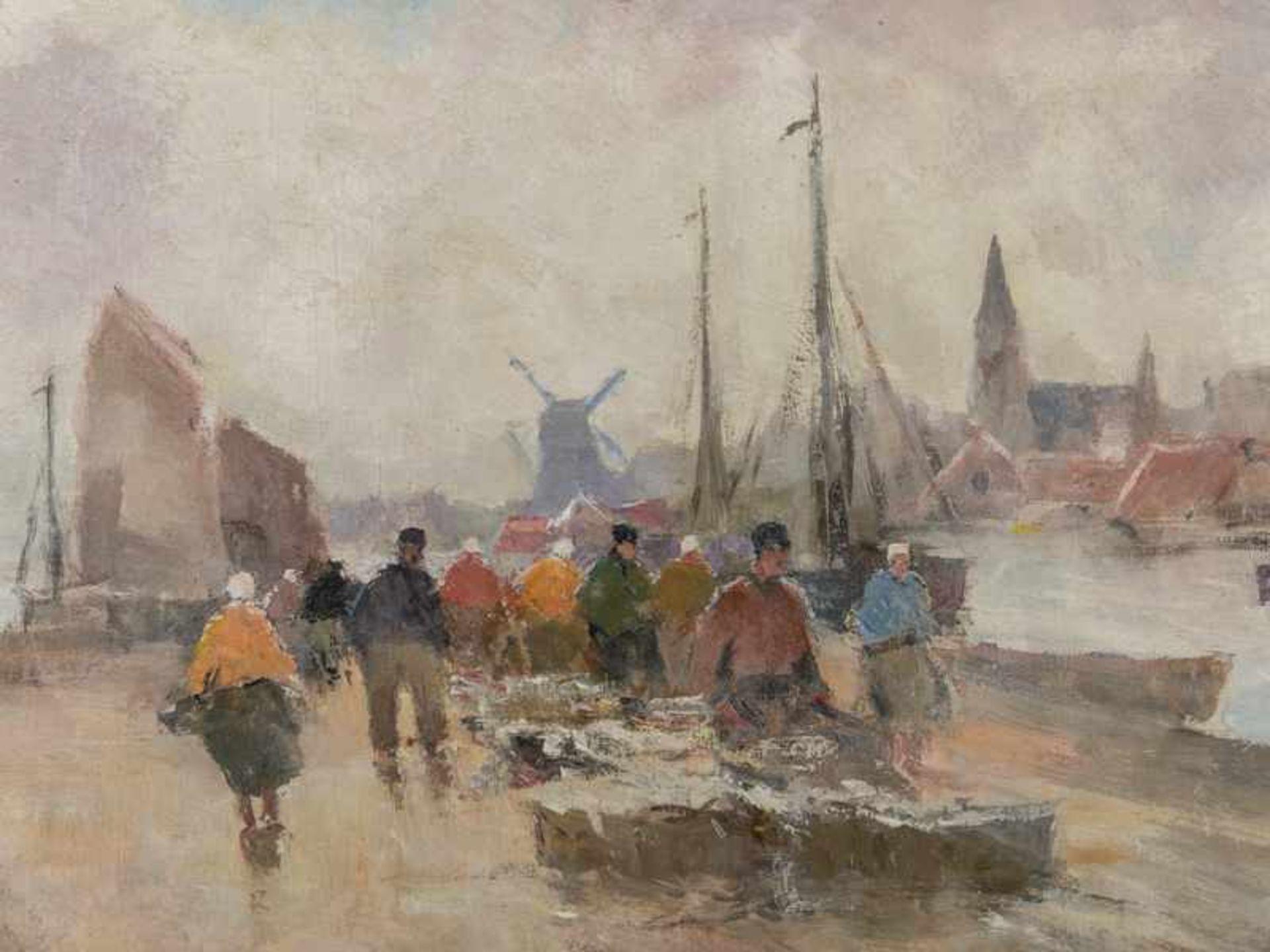 Jüttner, Bruno (1880-1965). Öl auf Leinwand; "Holländische Fischer, Fischmarkt an der Mole"; unten - Bild 2 aus 5