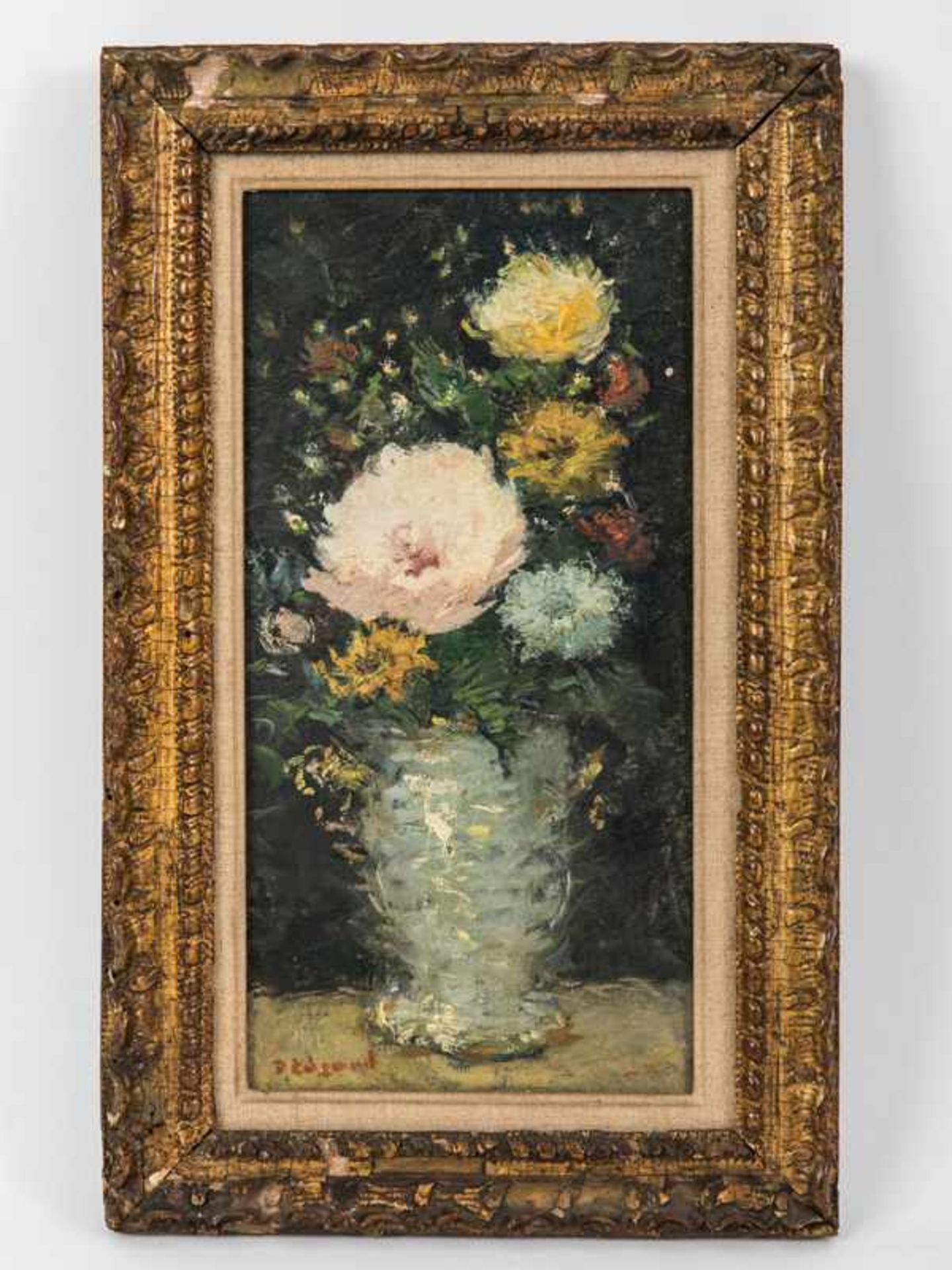 Edzard, Dietz (Dietrich Hermann) (1893 - 1963). Öl auf Leinwand, "Blumenstilleben in grauer Vase vor