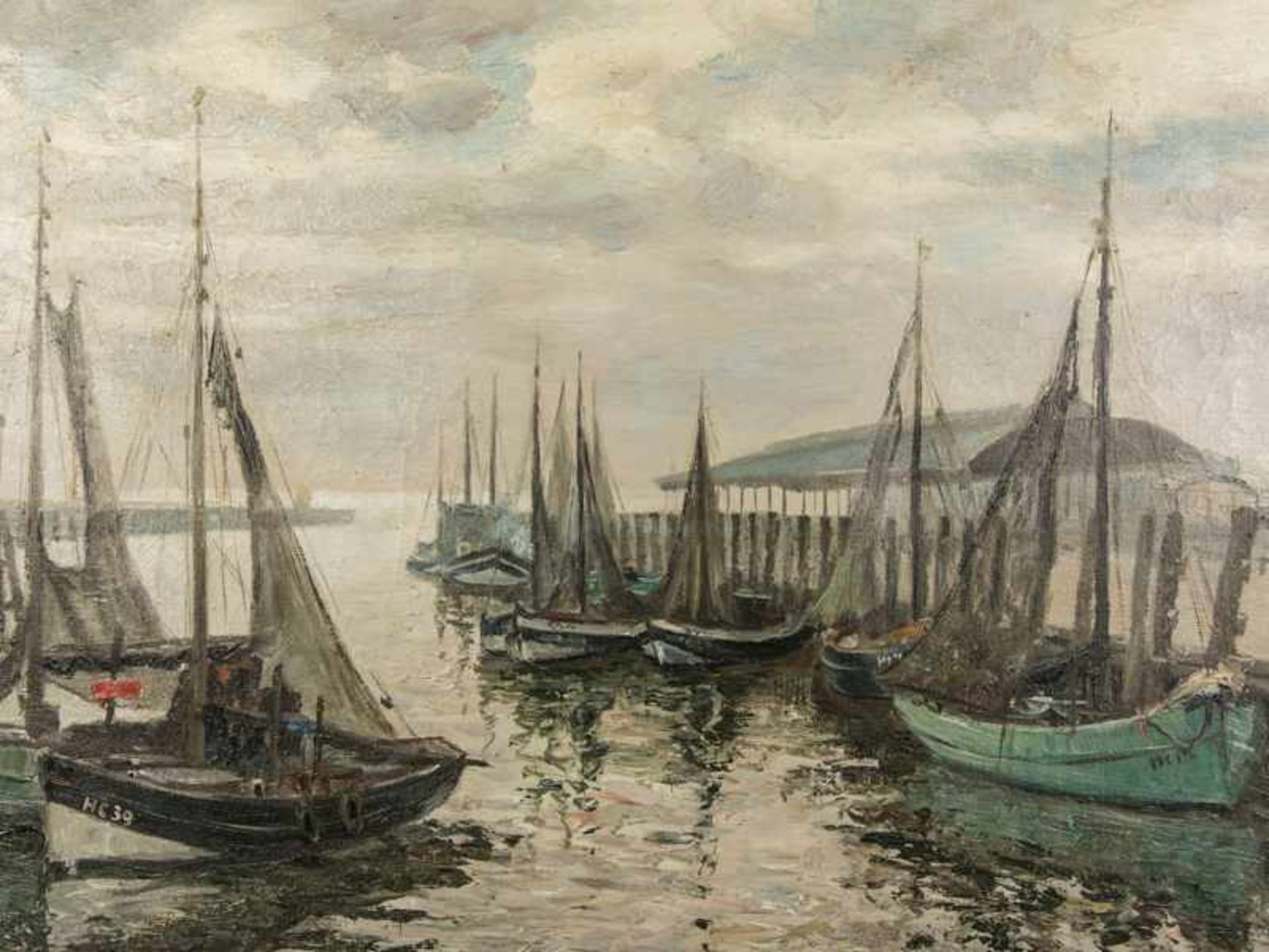 Mosblech, Carl Wilhelm (1868 - 1934). Öl auf Leinwand; "Fischerboote im Hafen"; unten rechts - Bild 2 aus 4