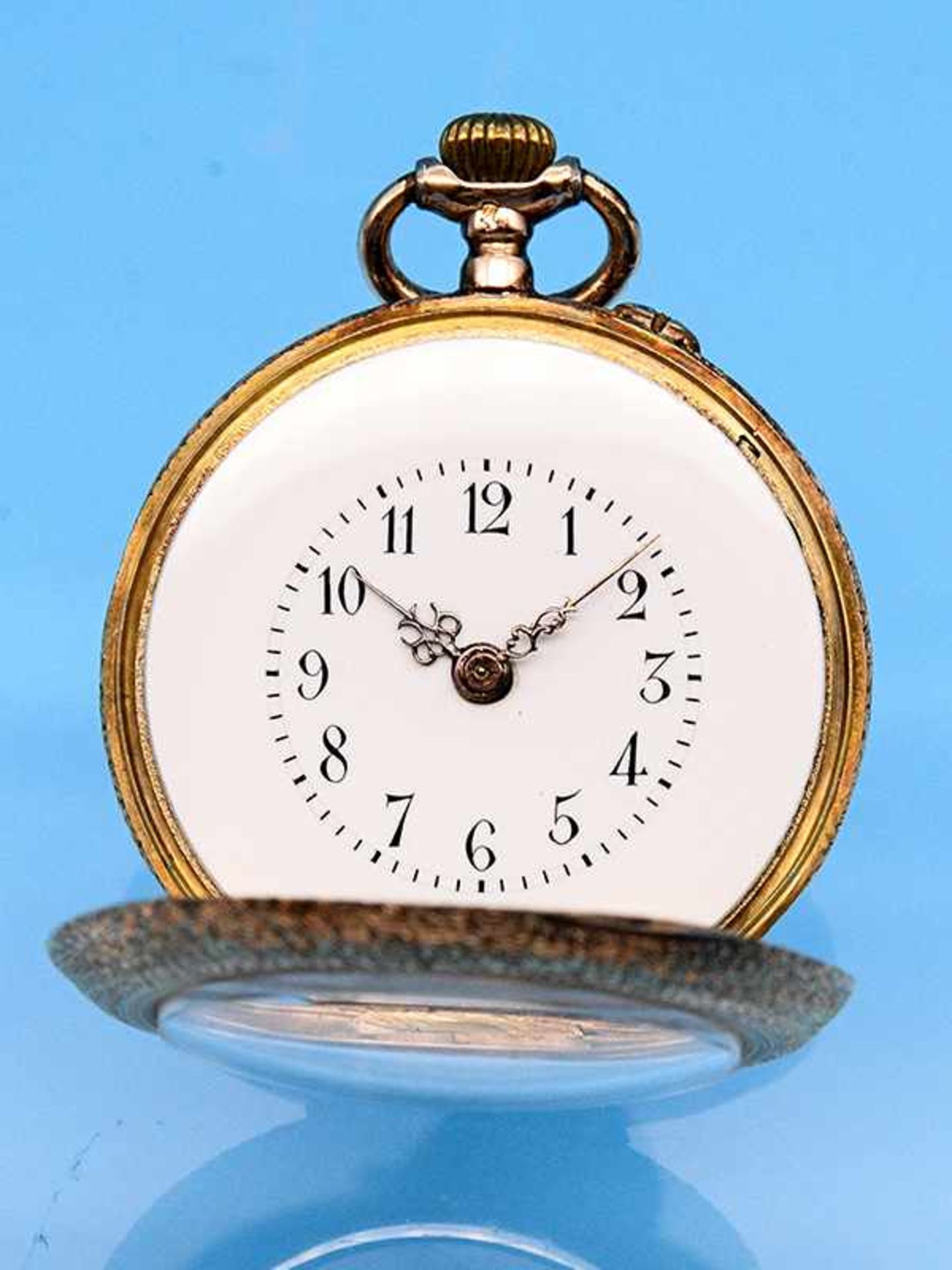 Damentaschenuhr, um 1900 585/- Roségold. Gesamtgewicht ca. 22,5 g. Sprungdeckel Doublé. Weißes - Bild 3 aus 3