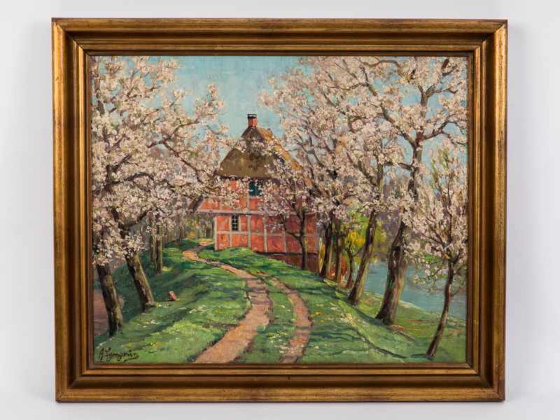 Lyongrün, Arnold (1871 - 1935). Öl auf Malkarton; "Frühling an der Lühe"; Landschaftskomposition aus