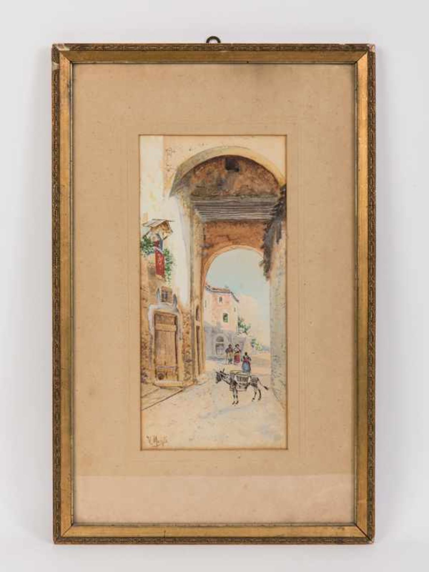 Aquarellist um 1900. Farb-Aquarell, "Mediterrane Szene mit Tordurchfahrt, christlichem Madonnen-