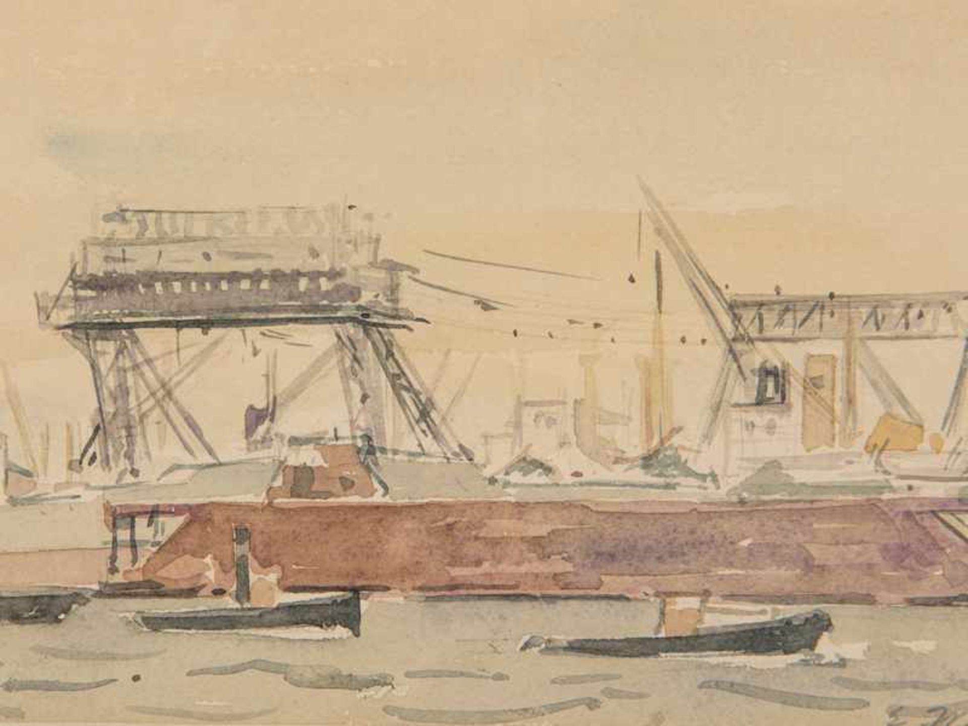 Wessel, Erich (1906 - 1983). Aquarell; "Die Stülkenwerft im Hamburger Hafen", 1960; unten rechts - Image 2 of 5