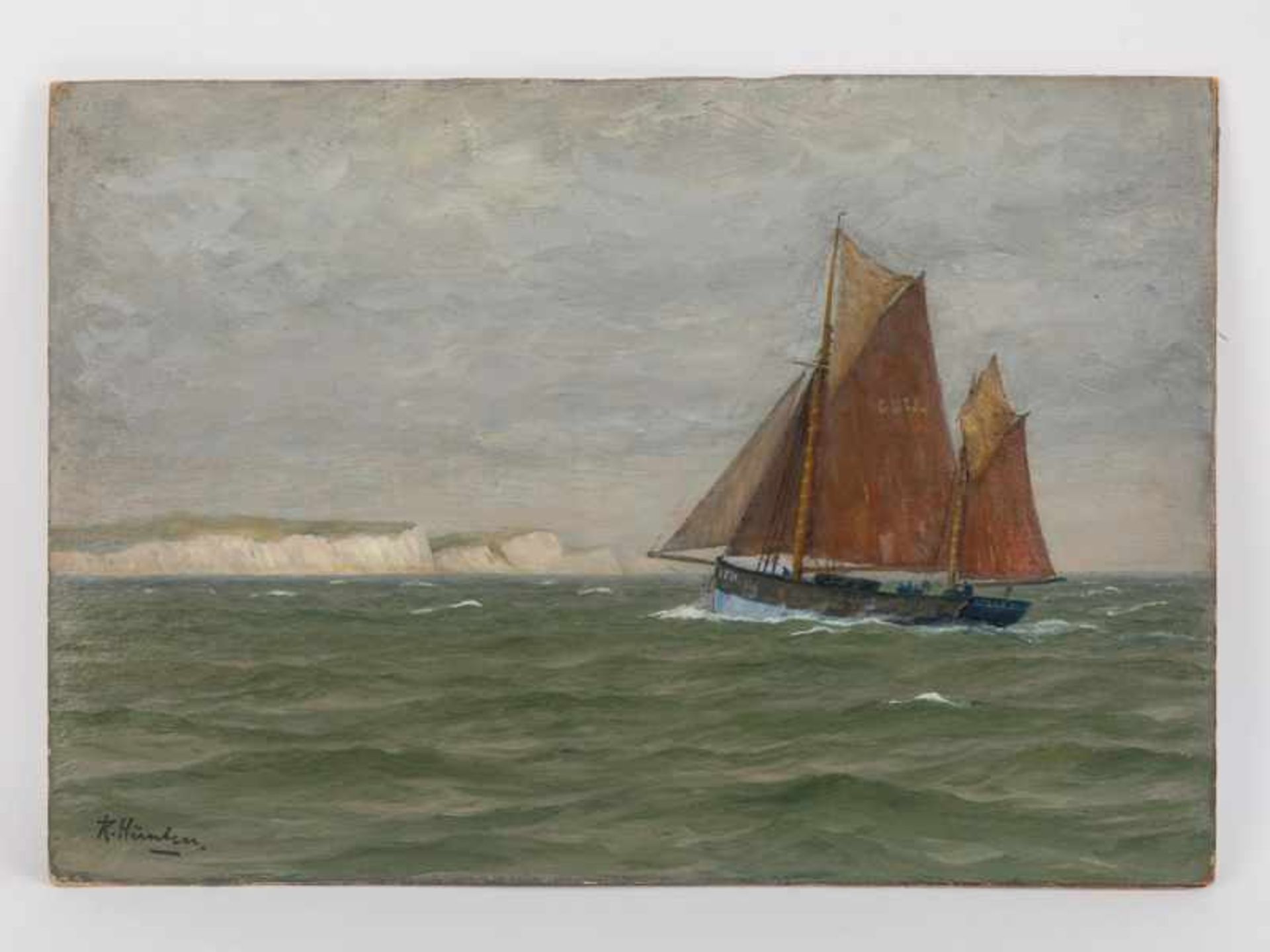 Hünten, Richard (1867 - 1952). Öl auf Malkarton; "Vor der englischen Küste (Fischkutter vor den
