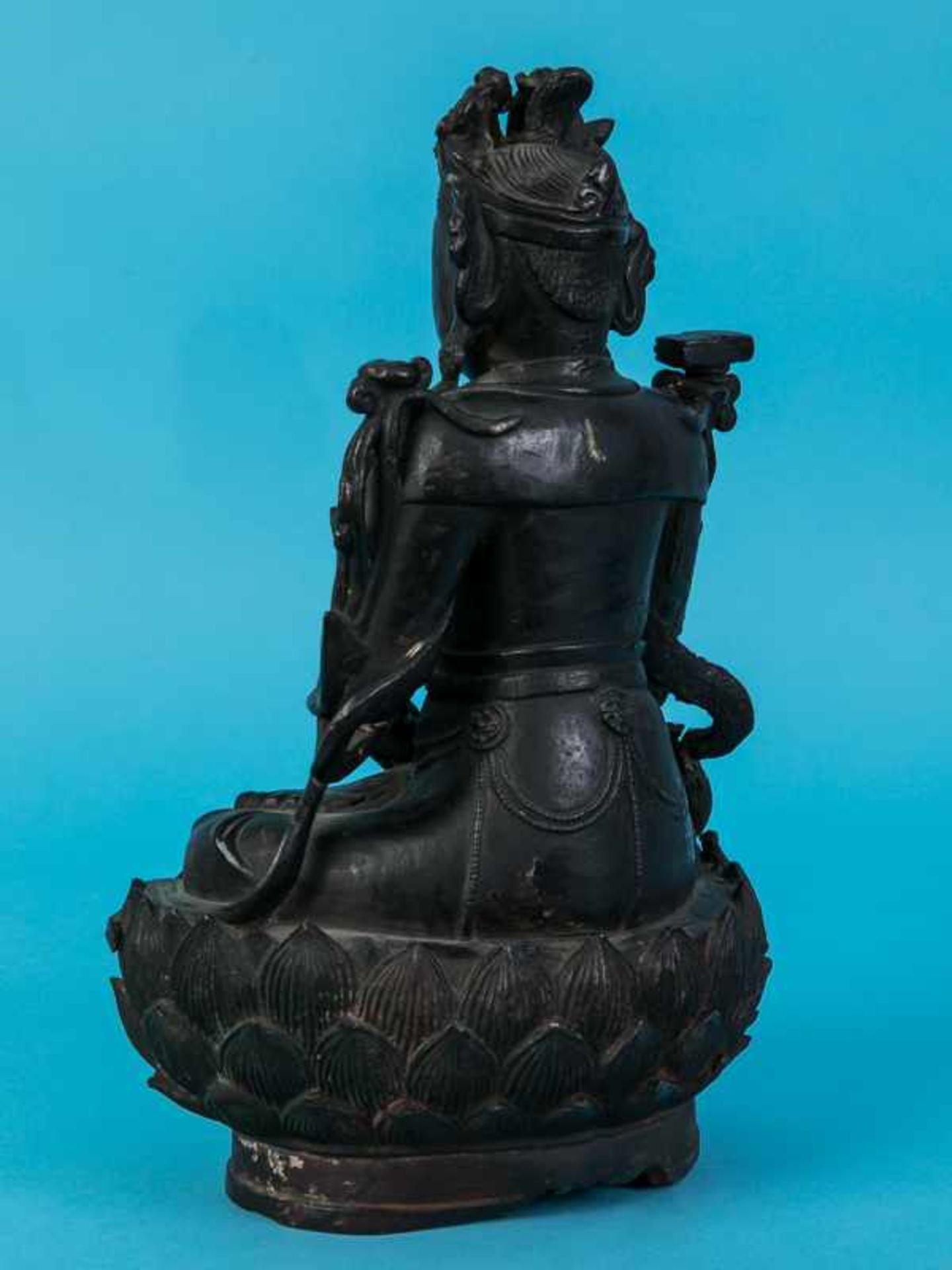 Buddha-Plastik "Tarjani Mudra"/Guan Yin, Tibet, 17./18. Jh. Bronze mit Resten von alter originaler - Bild 6 aus 9