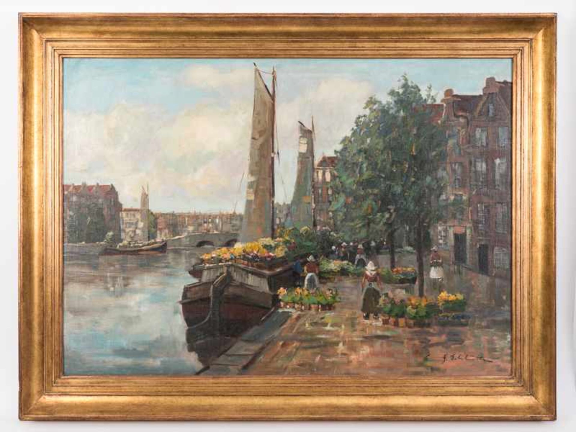 Schlüter, J. (?), 20. Jahrhundert. Öl auf Leinwand; "Amsterdam - Blumenmarkt an der Gracht"; unten
