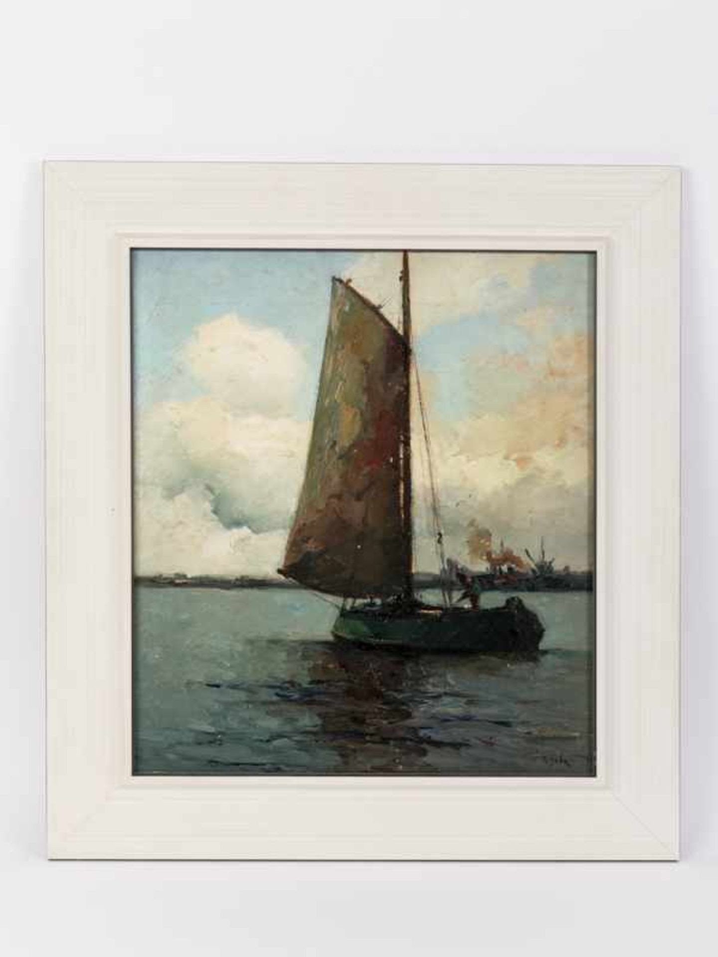Guba, Rudolf Anton (1884 - 1950). Öl auf Malkarton; "Fischerboot auf dem Fluß vor schemenhafter