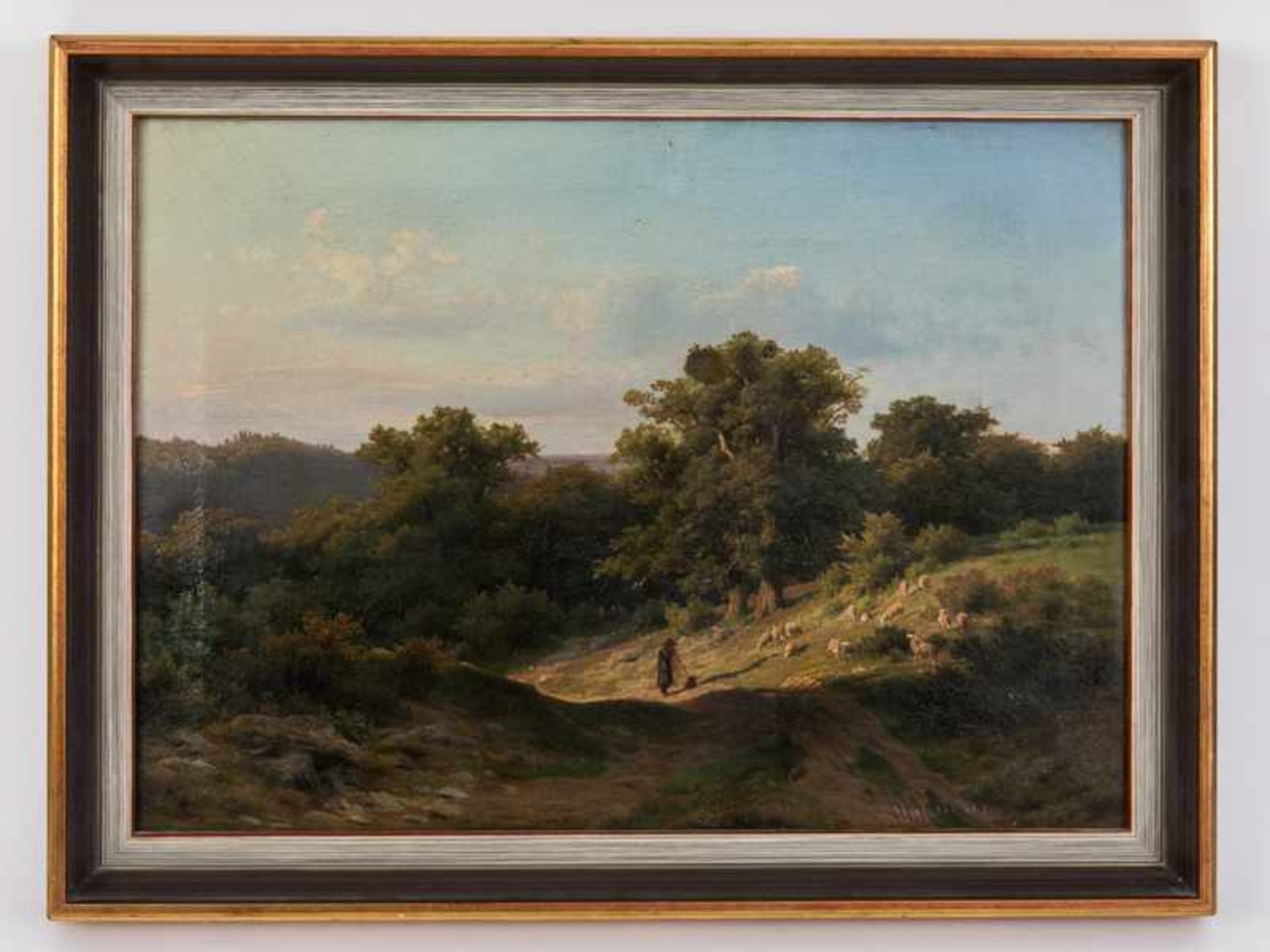 Maler des frühen 19. Jahrhunderts. "Romantische Landschaft mit Schäfer und Herde"; Öl auf