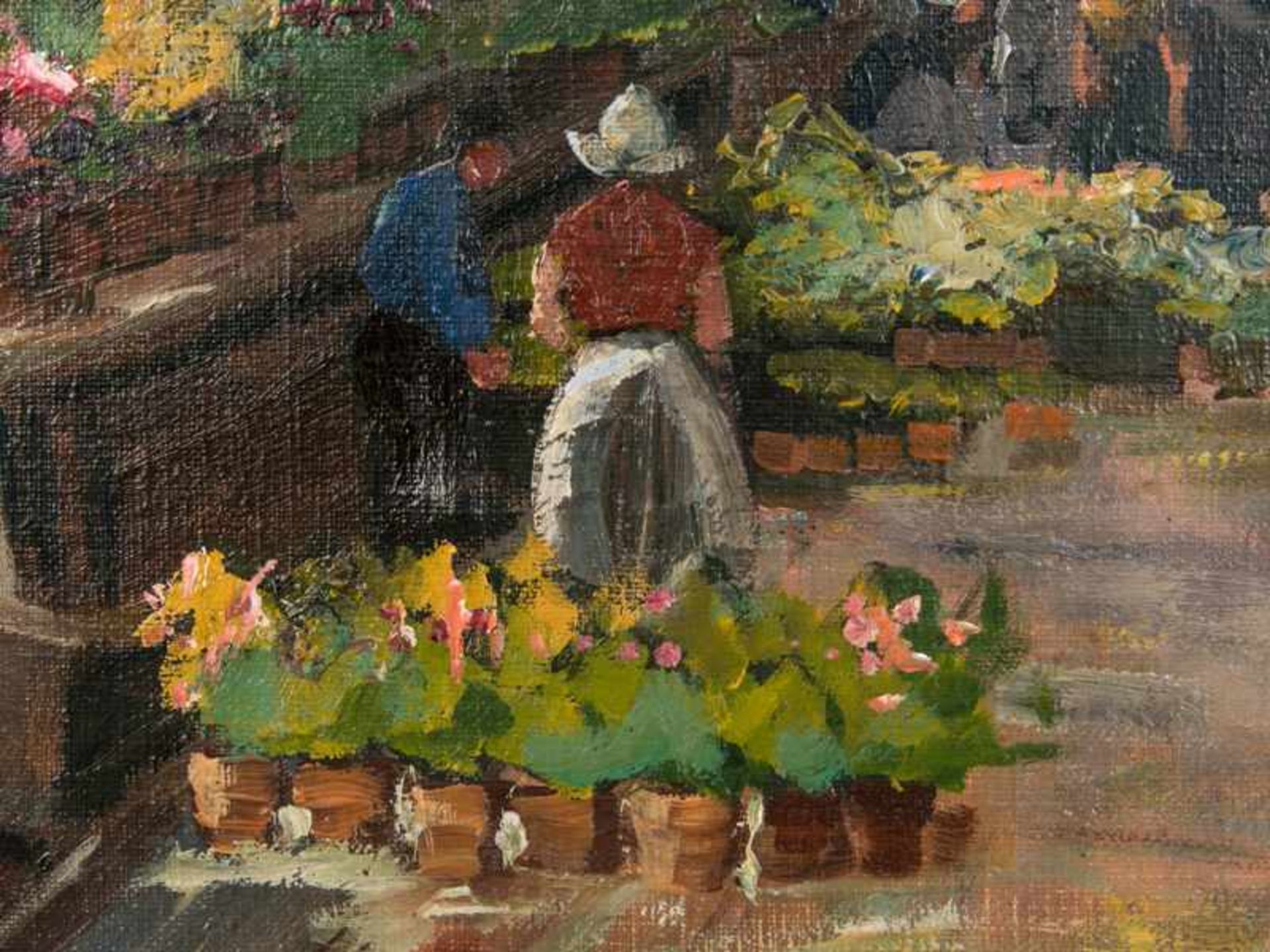 Schlüter, J. (?), 20. Jahrhundert. Öl auf Leinwand; "Amsterdam - Blumenmarkt an der Gracht"; unten - Image 2 of 5