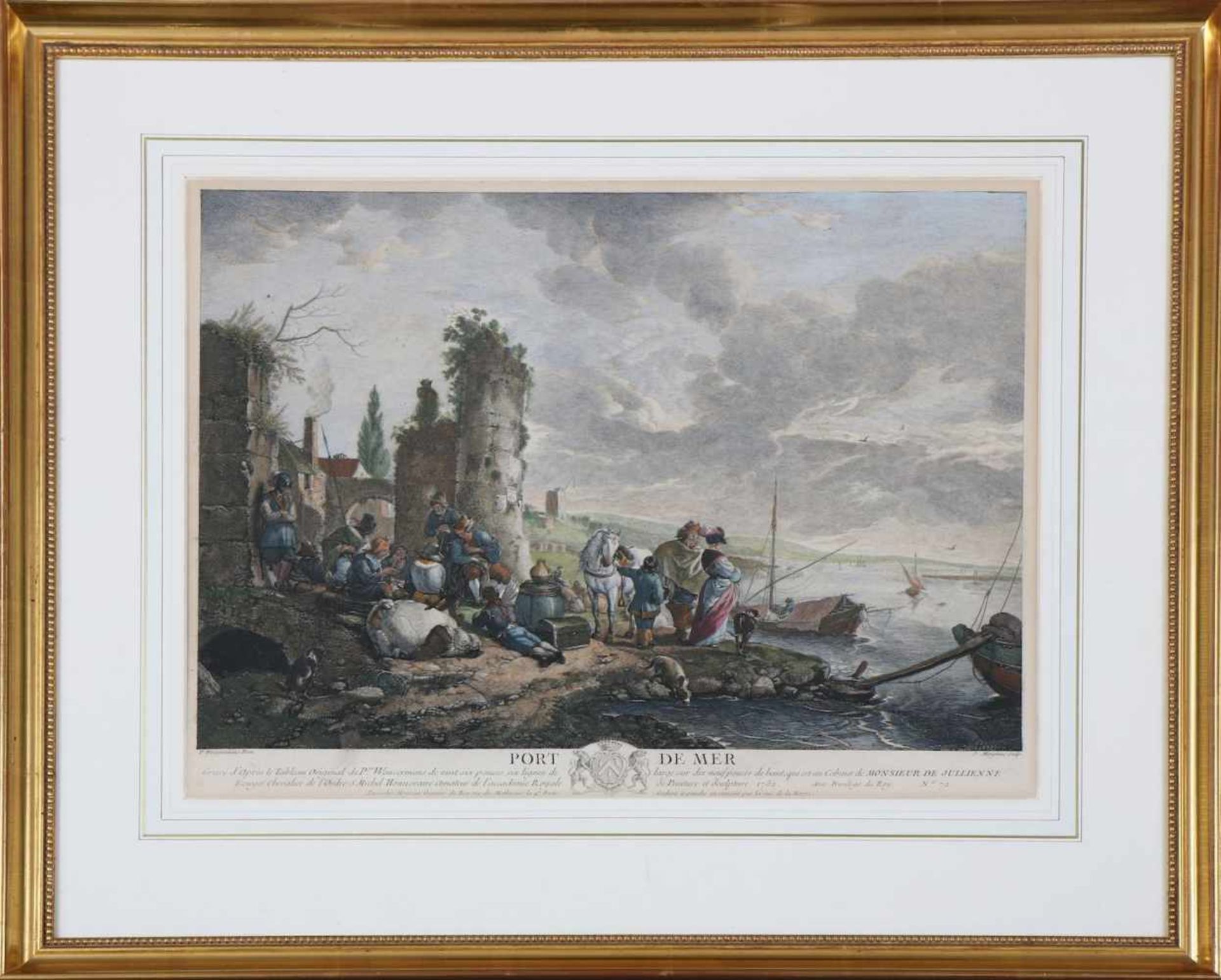 JEAN MOYREAU (1690-1762)Stahlstich, coloriert, ¨Port de Mer¨, gerahmt (59x68cm)