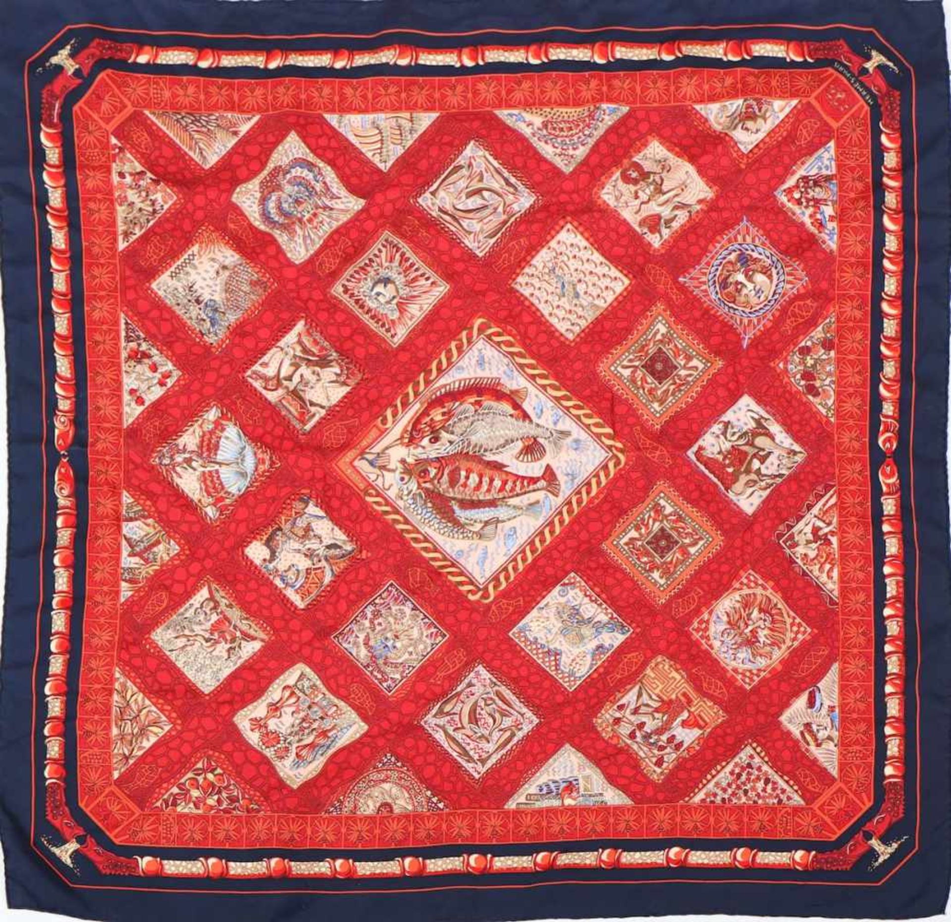 HERMÈS TuchCarré, Seide, 90x90cm, rot-blaues Fischdekor, ¨Mare nostrum¨, leichte Tragespuren