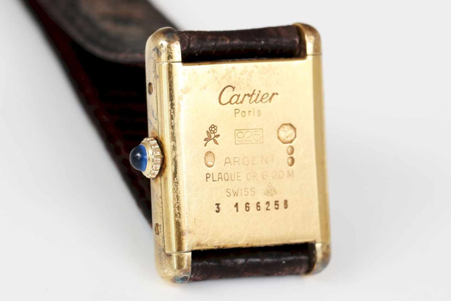 MUST DE CARTIER Damenarmbanduhr925er Silber, vergoldet, Tankform (ca. 28x18mm), bordeauxfarbenes - Bild 2 aus 3