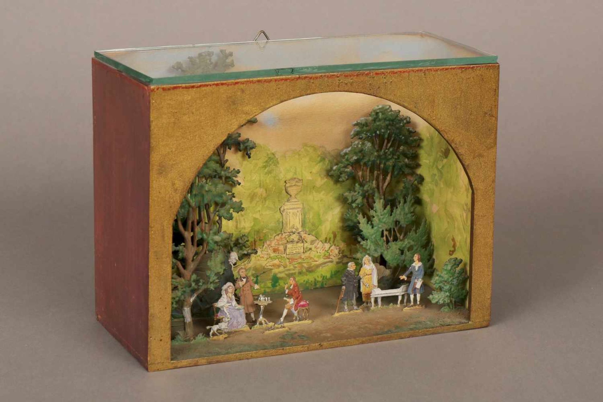 Diorama mit handkolorierten Zinnfigurendarunter Schiller, Goethe, Anna Amalia, ¨Gespräche im