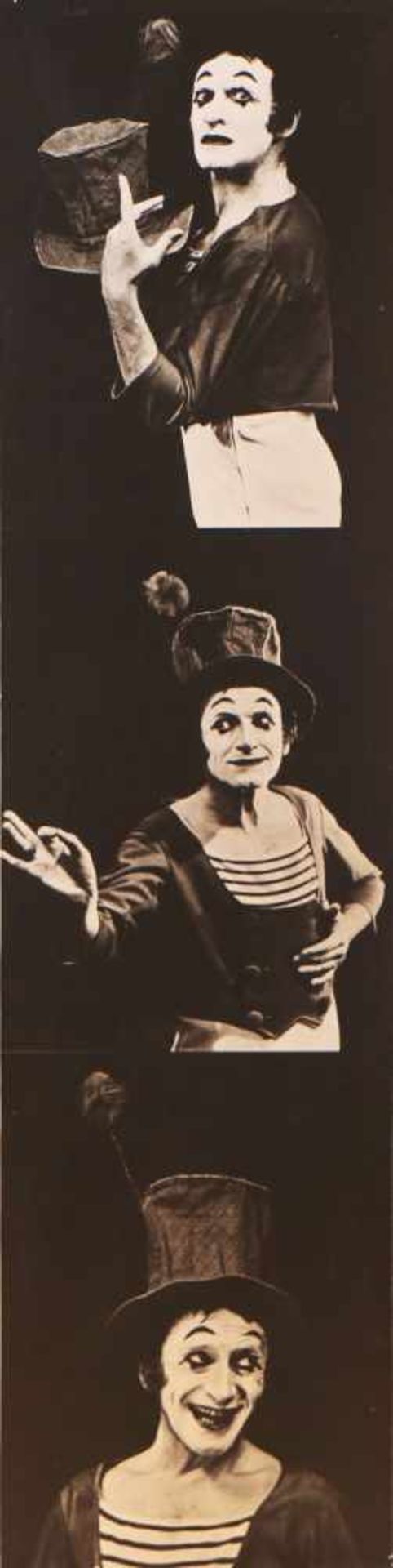 UNBEKANNTER FOTOGRAF Schwarzweißfotografie auf Holz, ¨Marcel Marceau als Pantomime in 3-facher