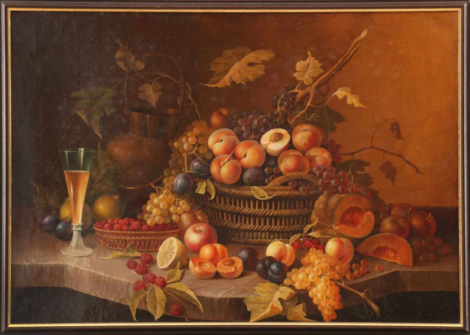ANONYMER KÜNSTLER des 19. Jahrhunderts Öl auf Leinwand, ¨Stillleben mit Früchten, Reben, Weinglas