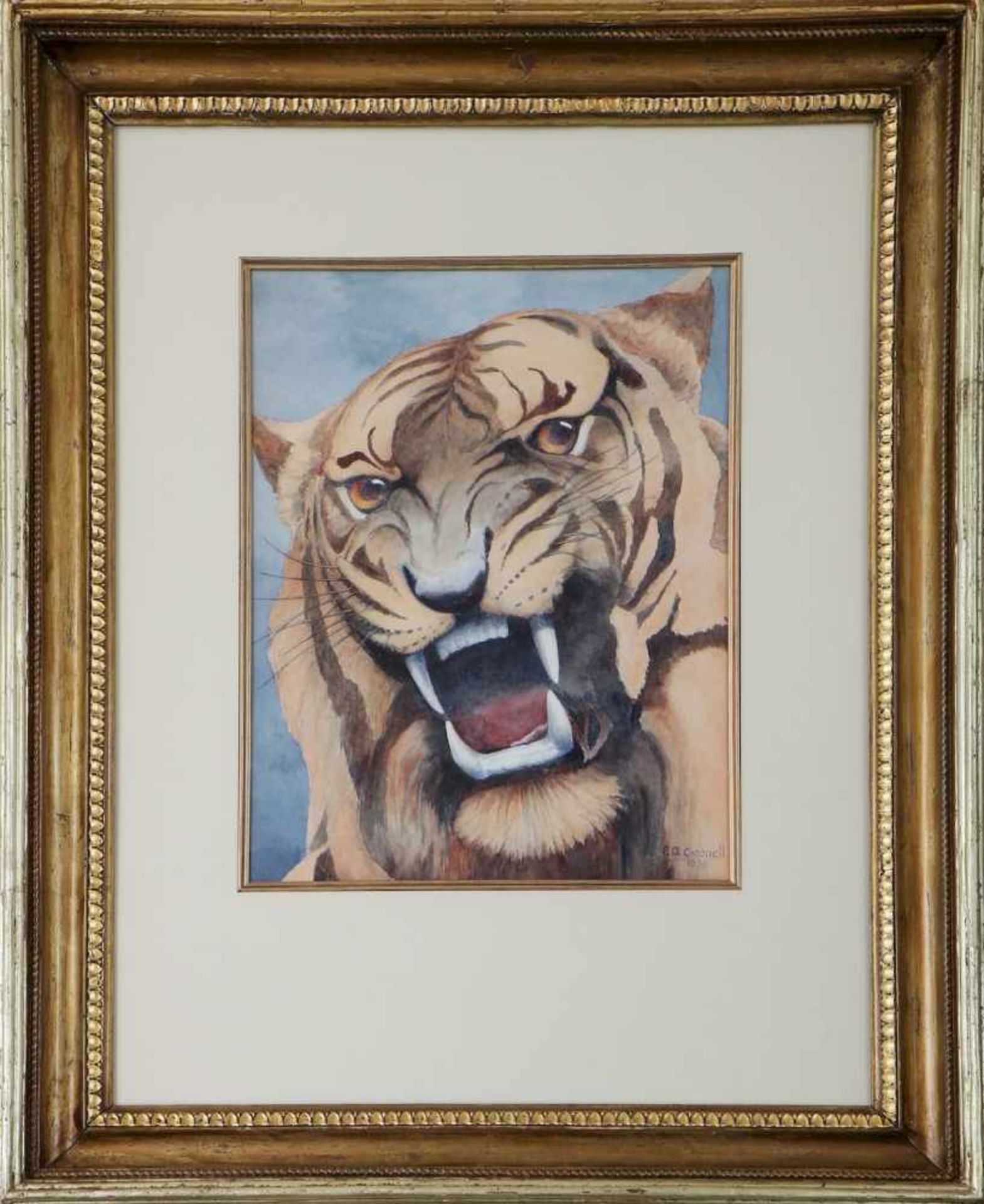 E. A. CARDNELL (unbekannter Künstler des 20. Jahrhunderts)Aquarell auf Malpappe, ¨Brüllender Tiger¨,