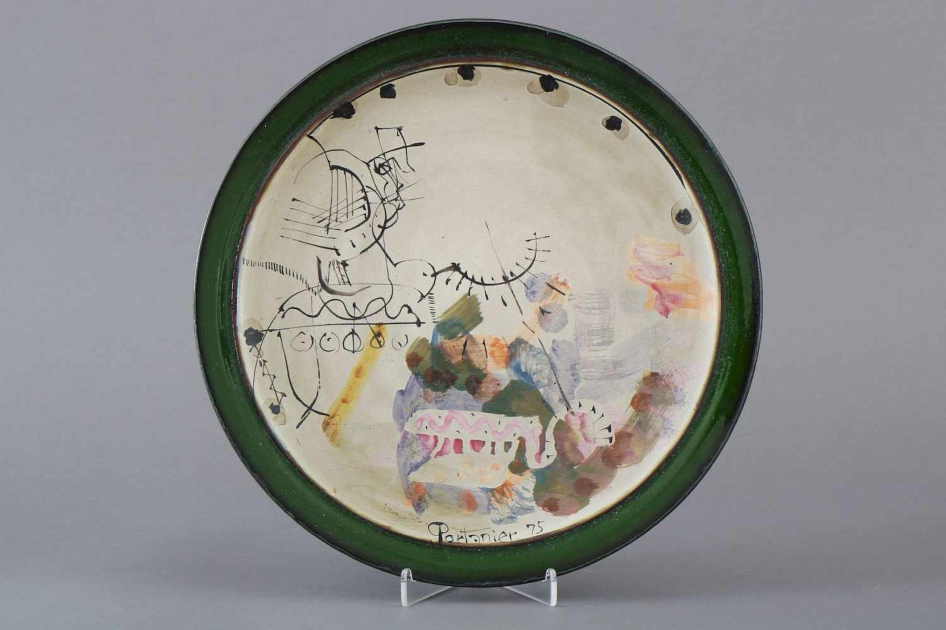 GILBERT PARTANIER (1926) Keramik-Tellerrunder Teller mit polychromer, abstrakter Malerei und grün