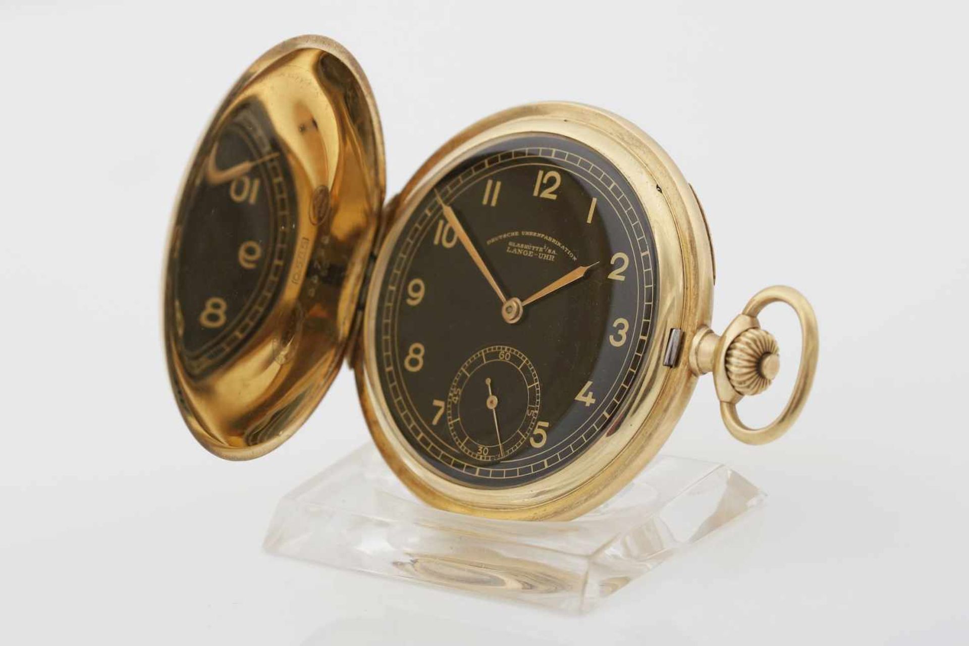 DUF Savonette Taschenuhr, ¨Lange-Uhr¨, Glashütte i.S.585er Goldgehäuse (3 Deckel Gold), glatte,