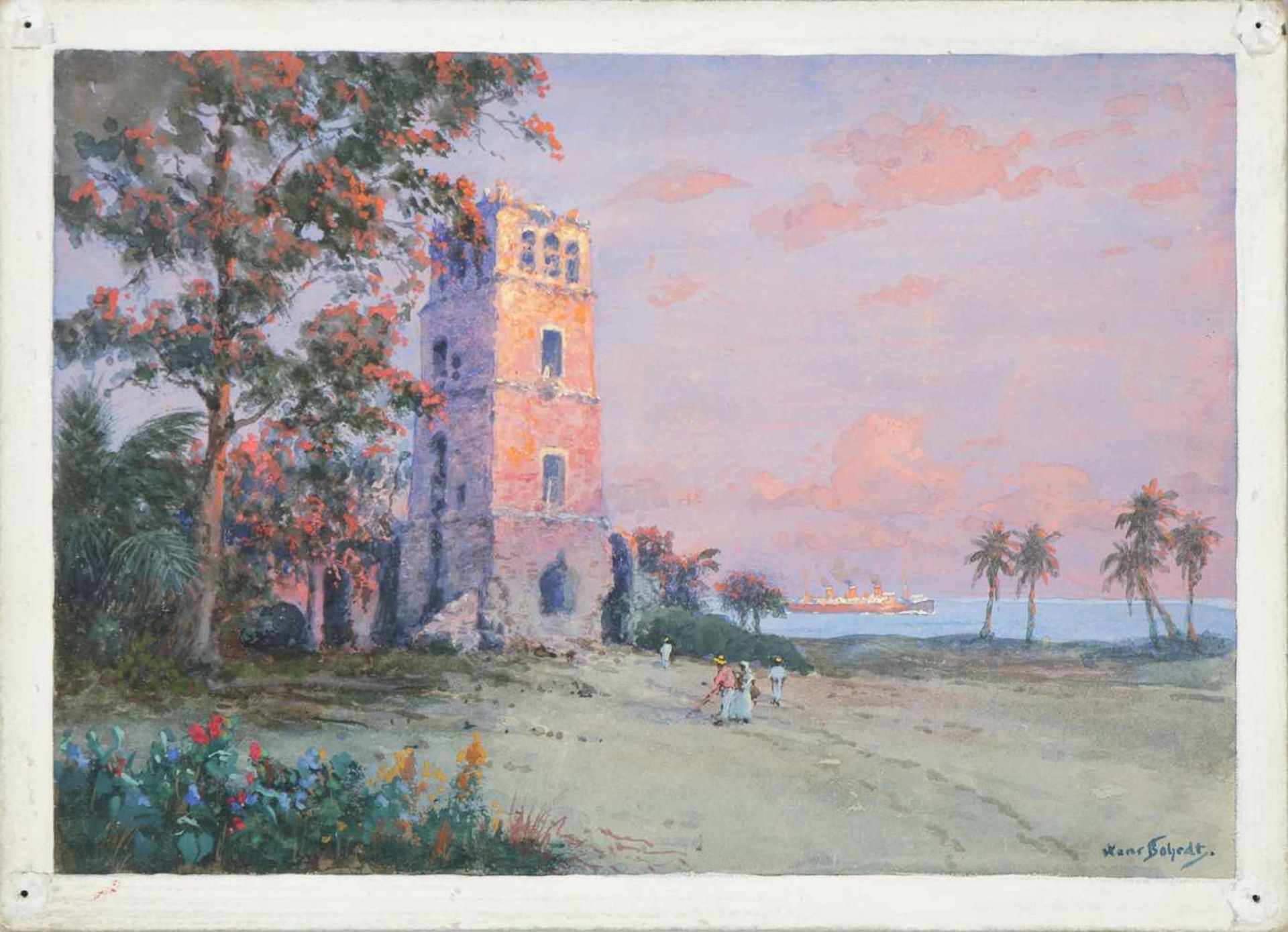 HANS BOHRDT (1857 Berlin - 1945 ebenda)Aquarell auf Pappe, ¨Old Spanish Tower, Panama¨ (verso