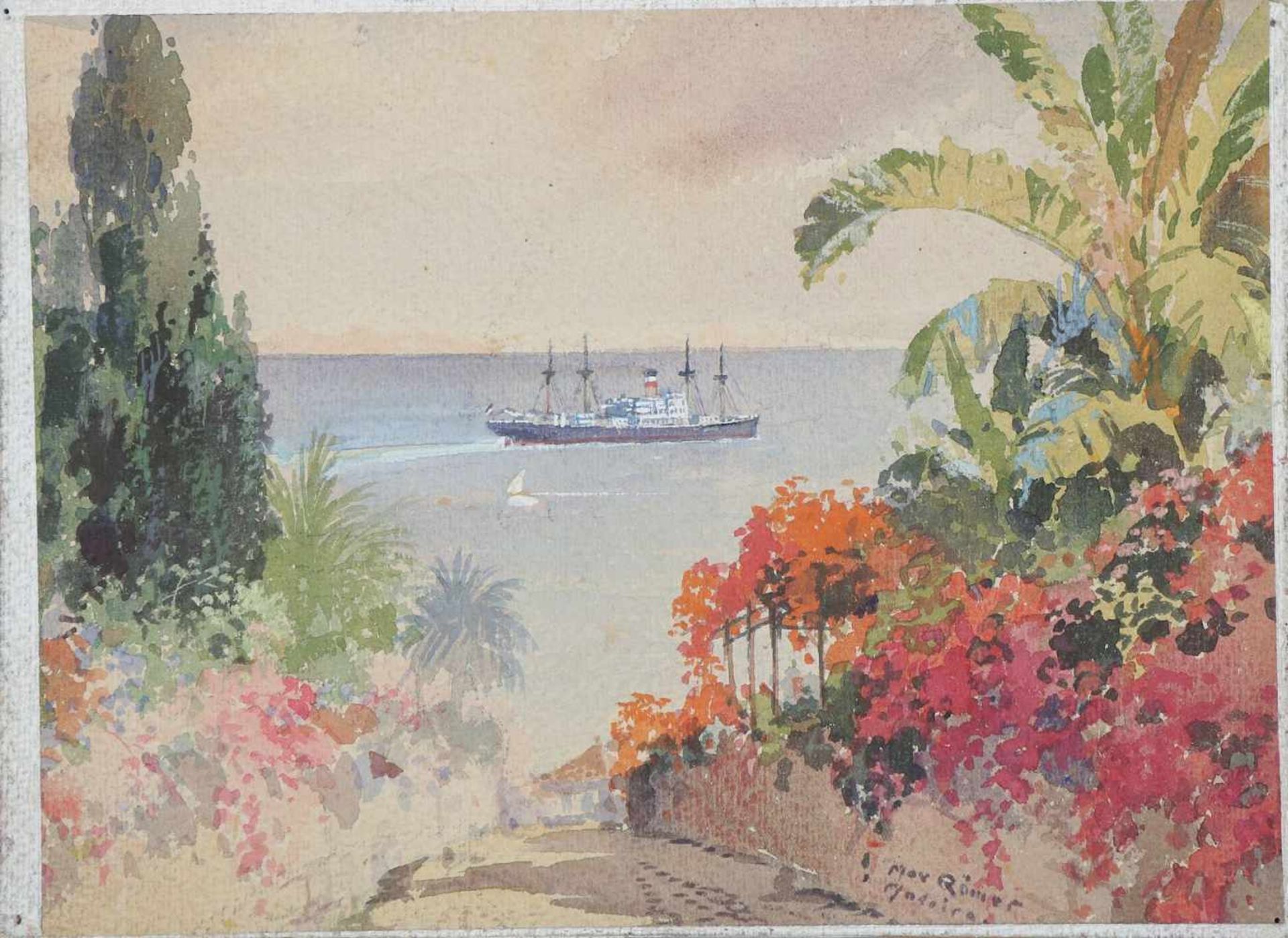 MAX RÖMER (1878 Hamburg - 1960 Funchal/Portugal)Aquarell auf Pappe, ¨Exotisch bewachsene Straße in