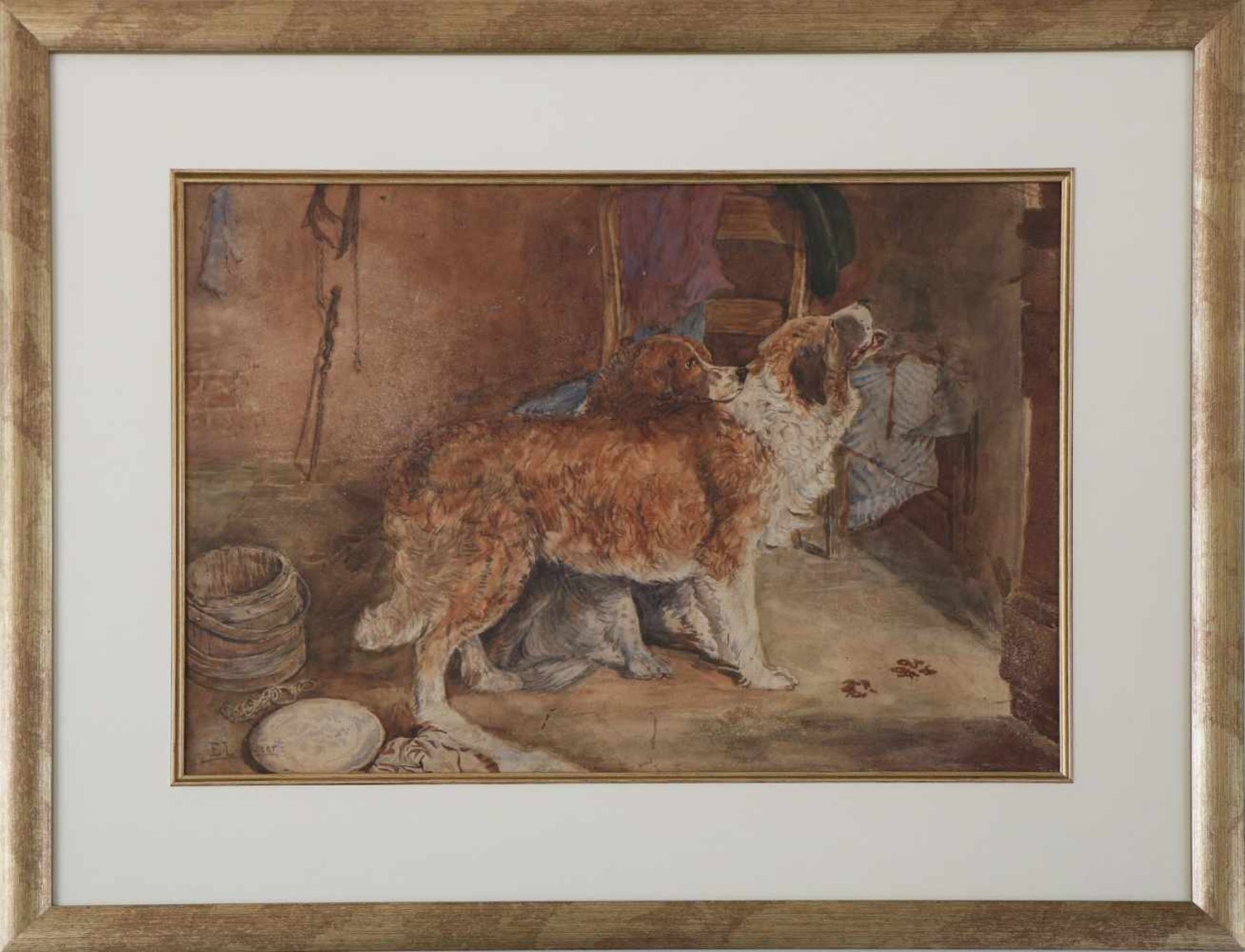 Wohl EDWIN HENRY LANDSEER (1802 London - 1873 ebenda)Aquarell, ¨Zwei Hunde im Schuppen¨, unten links