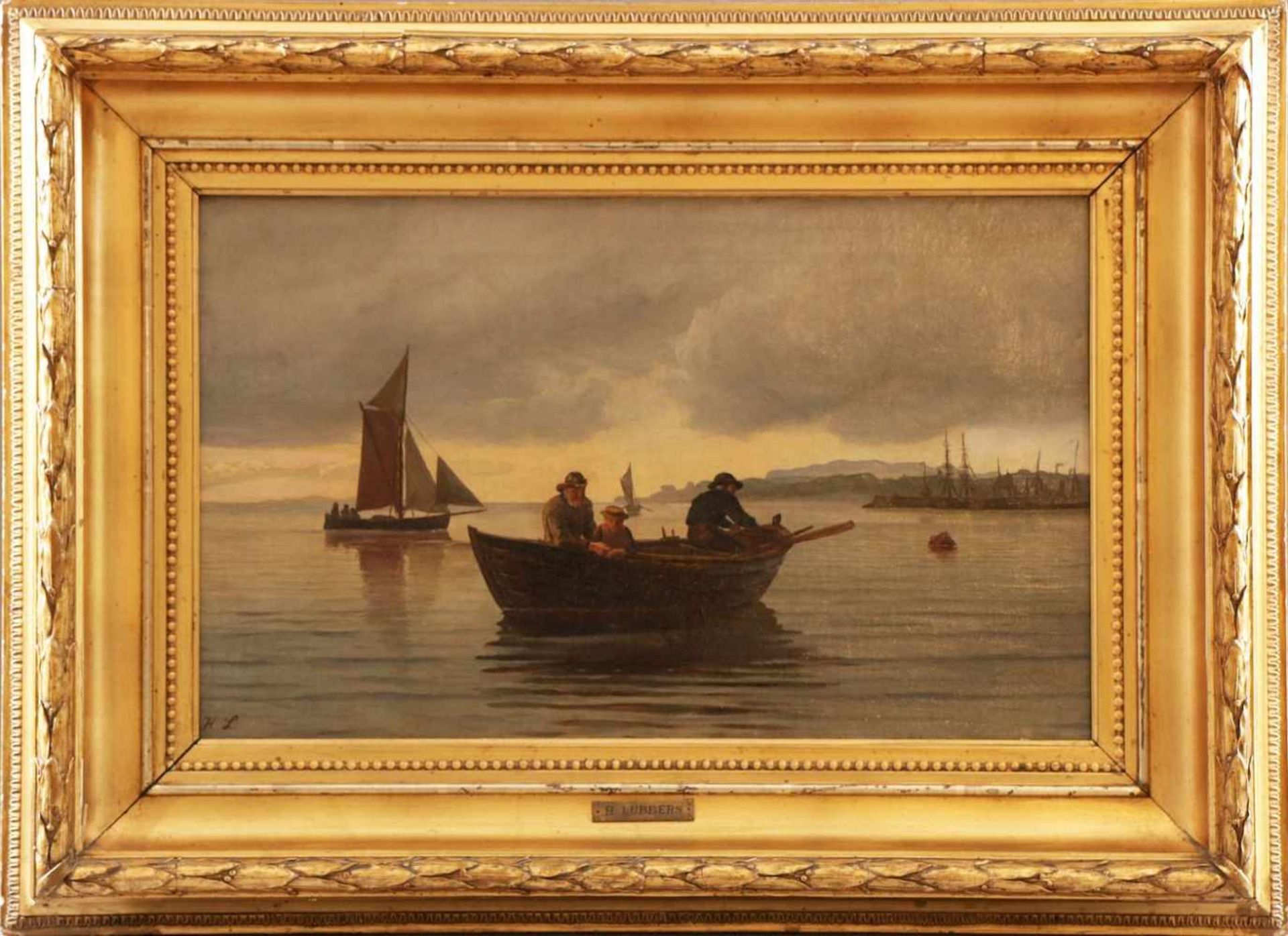 HOLGER LÜBBERS (1850 Kopenhagen-1931 ebenda)Öl auf Leinwand, ¨Ruderboot und Küstensegler vor